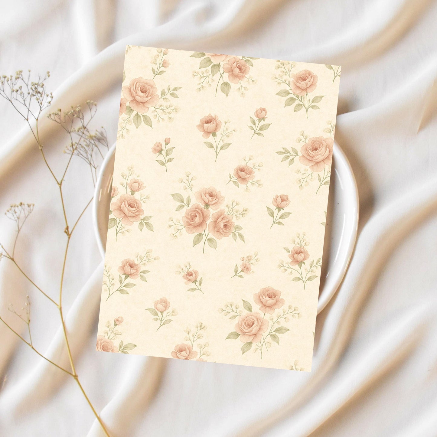 Blue floral paper with roses and gold Catholic cross motifs • Papel azul floral con rosas y motivos de cruces católicas doradas