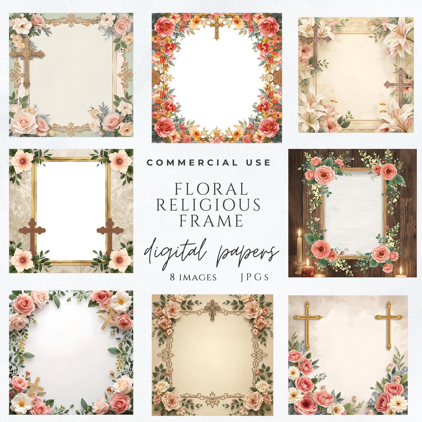 Floral religious frame background with gold cross and roses • Fondo religioso floral con cruz dorada y rosas