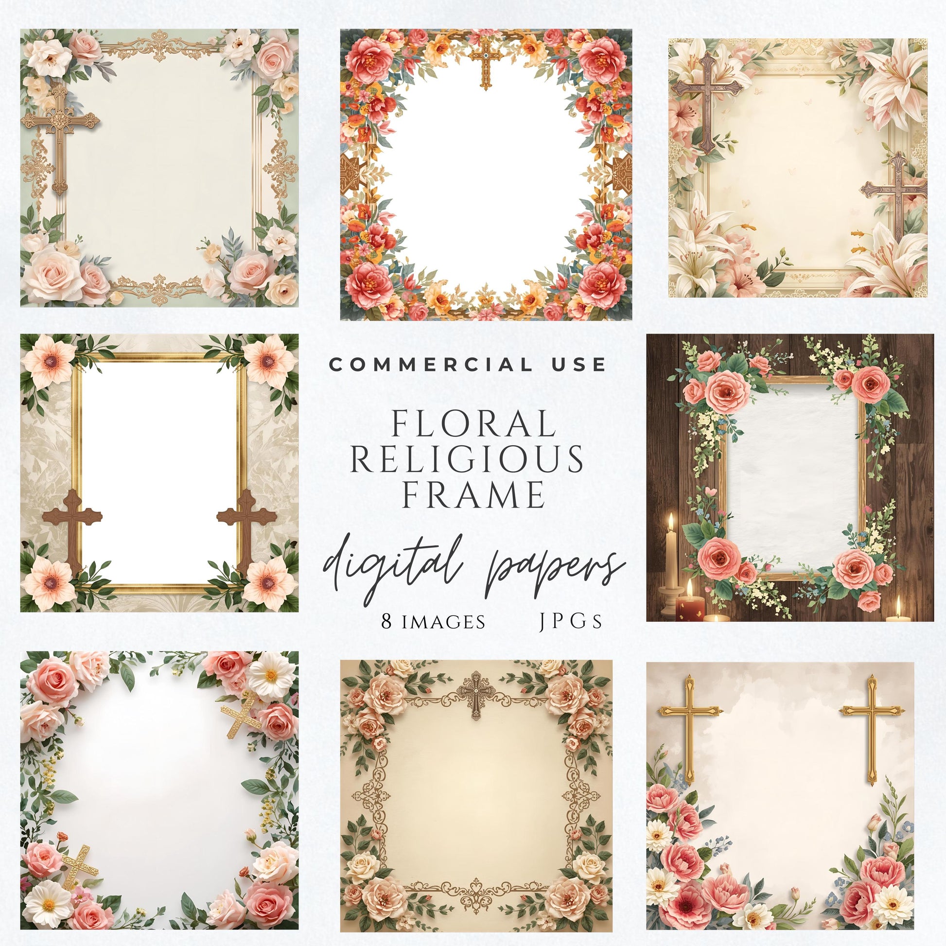 Floral religious frame background with gold cross and roses • Fondo religioso floral con cruz dorada y rosas