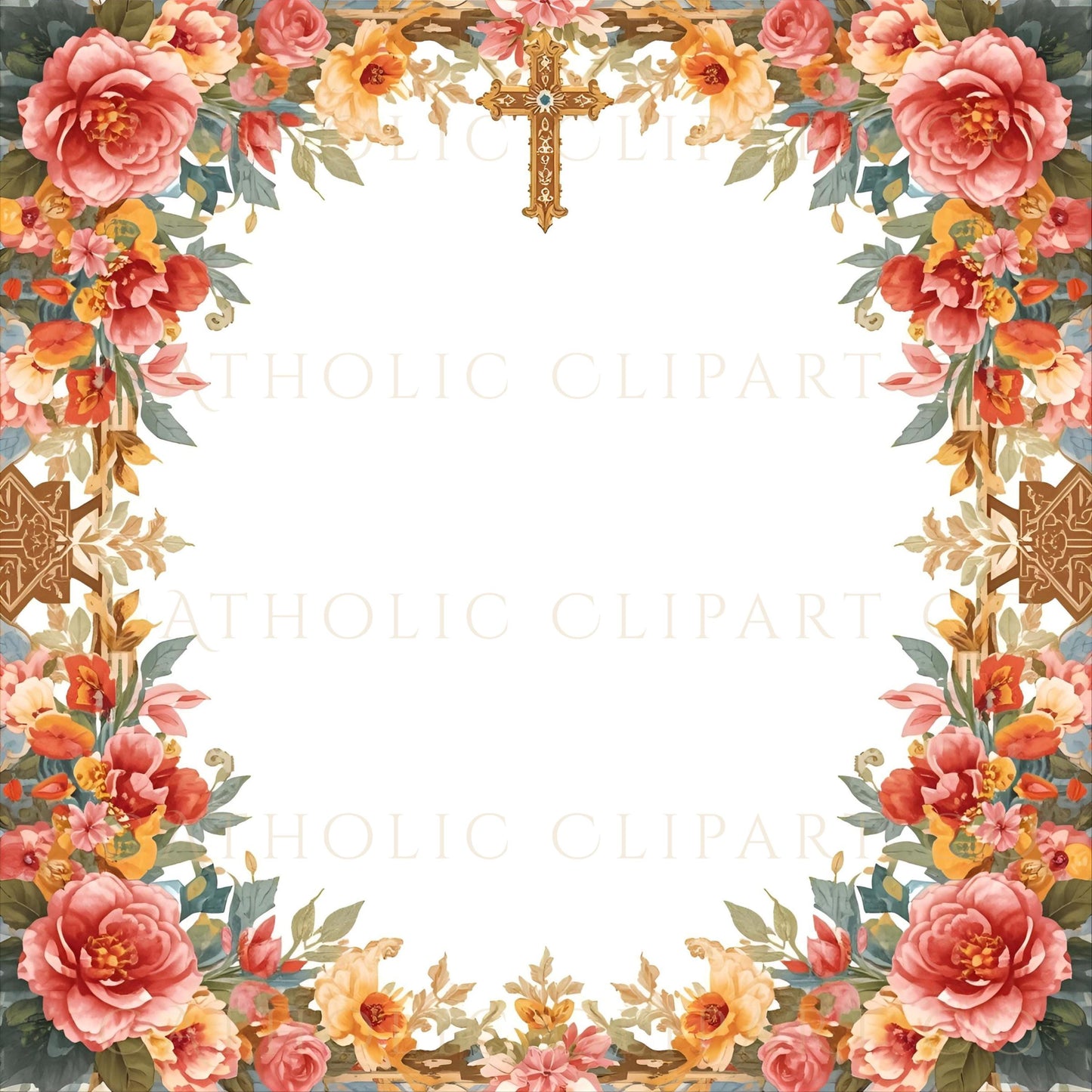 Catholic floral cross frame for prayer cards • Marco floral católico con cruz para tarjetas de oración