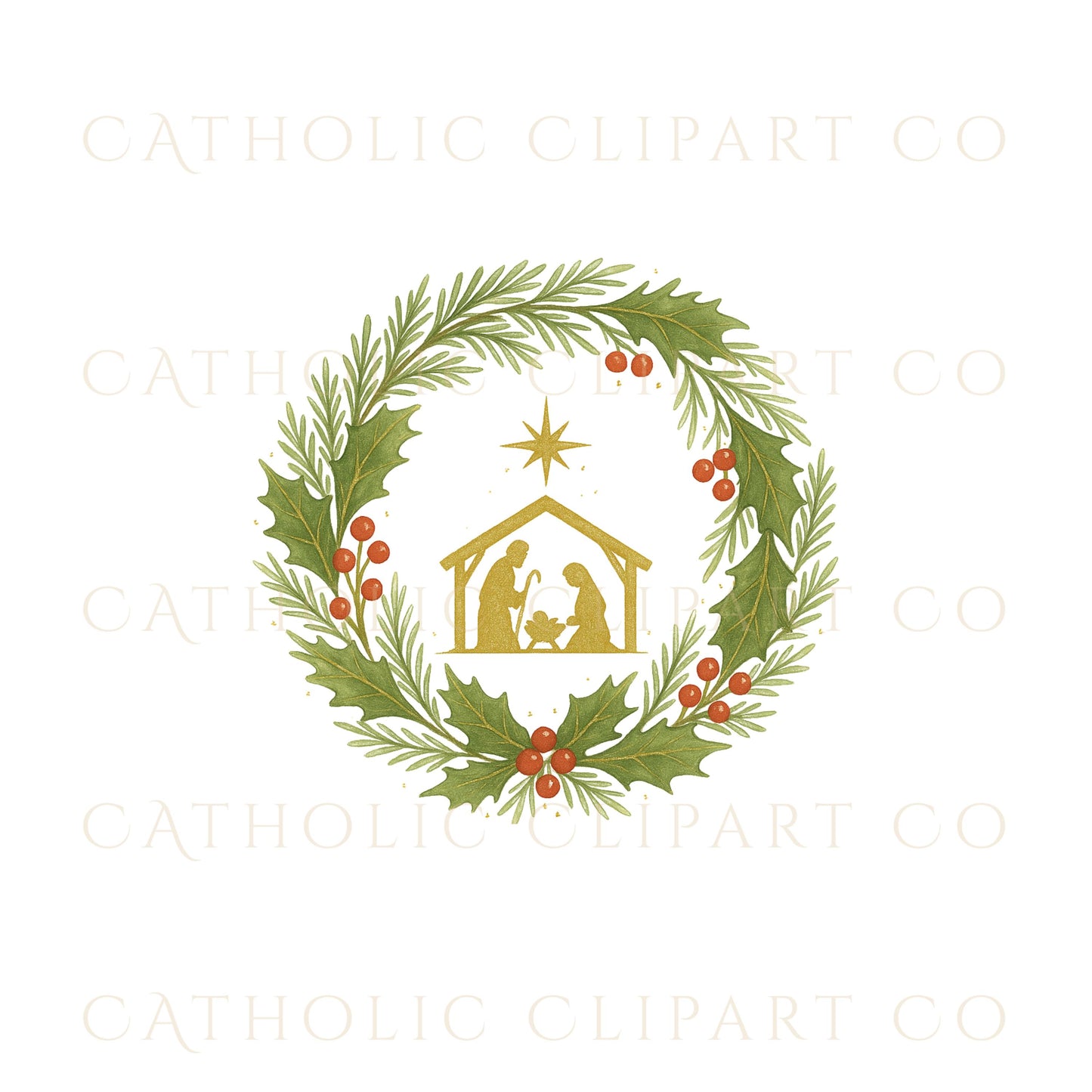 Catholic Christmas Wreath Clipart Bundle • Nativity, Marian “M”, Gold Cross & Poinsettia Wreaths • Watercolor Holiday PNG JPG SVG