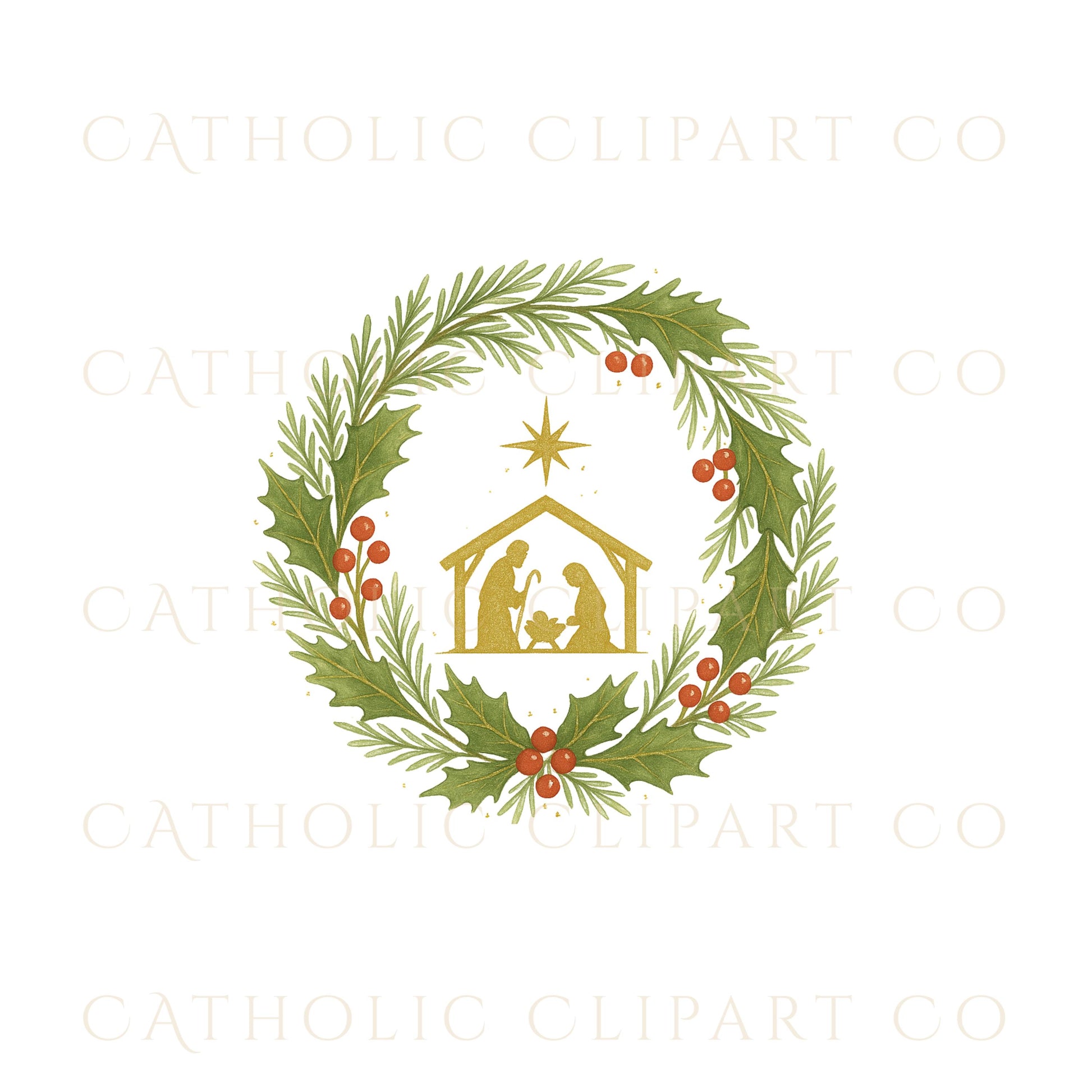 Catholic Christmas Wreath Clipart Bundle • Nativity, Marian “M”, Gold Cross & Poinsettia Wreaths • Watercolor Holiday PNG JPG SVG