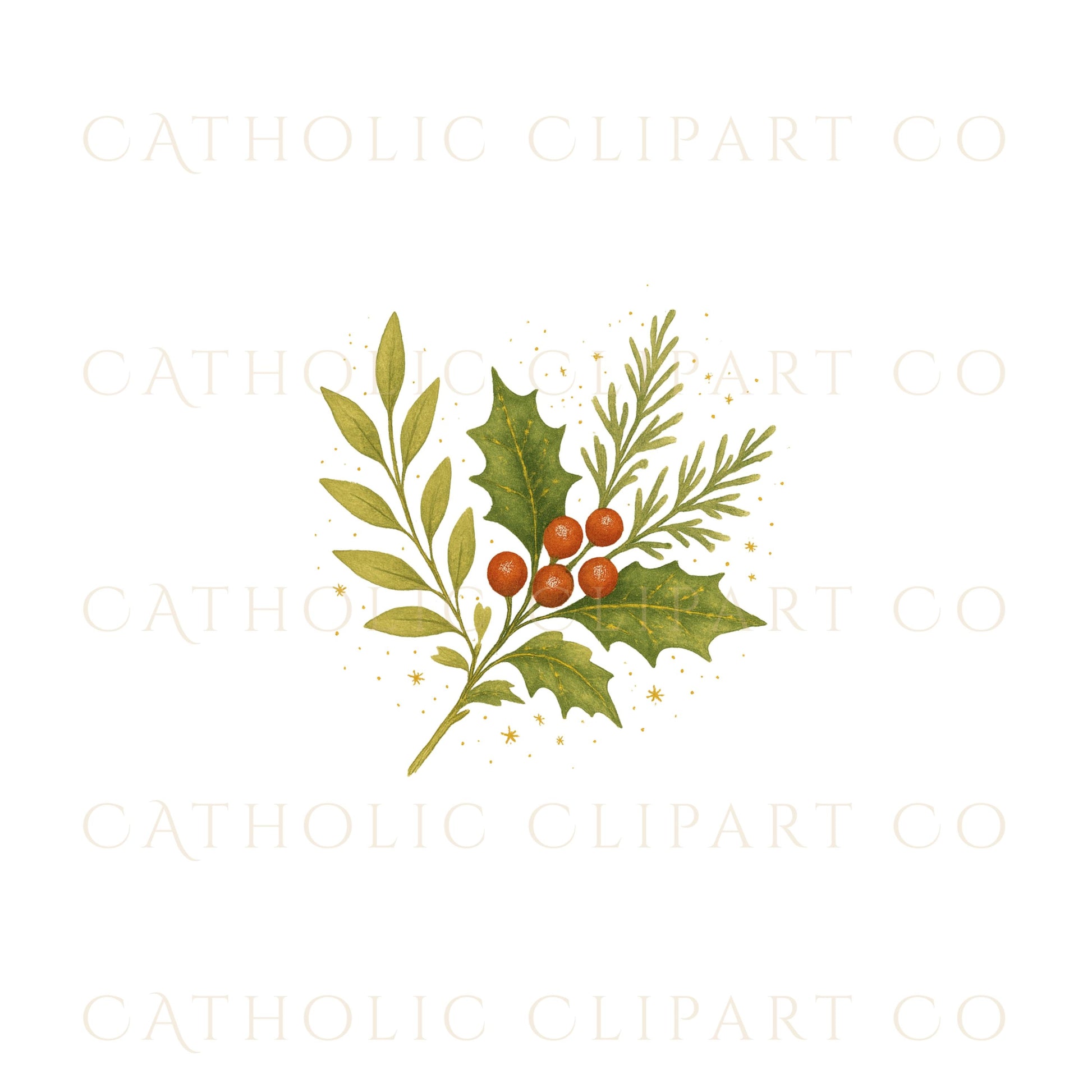 Greenery wreath with watercolor pine and holly leaves — Guirnalda de follaje con pino y hojas de acebo en acuarela