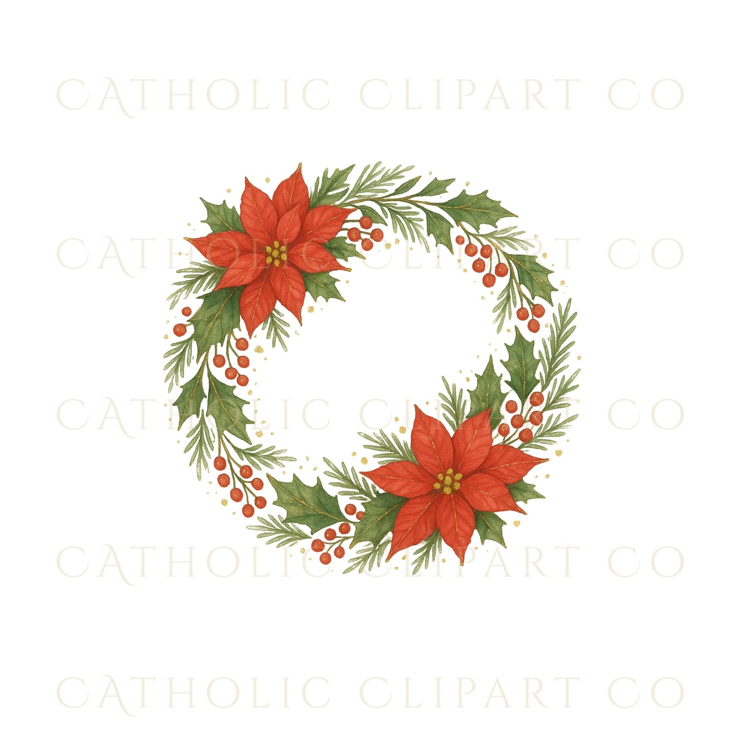 Watercolor poinsettia wreath with red berries and greenery — Guirnalda de flor de pascua con bayas rojas y follaje en acuarela