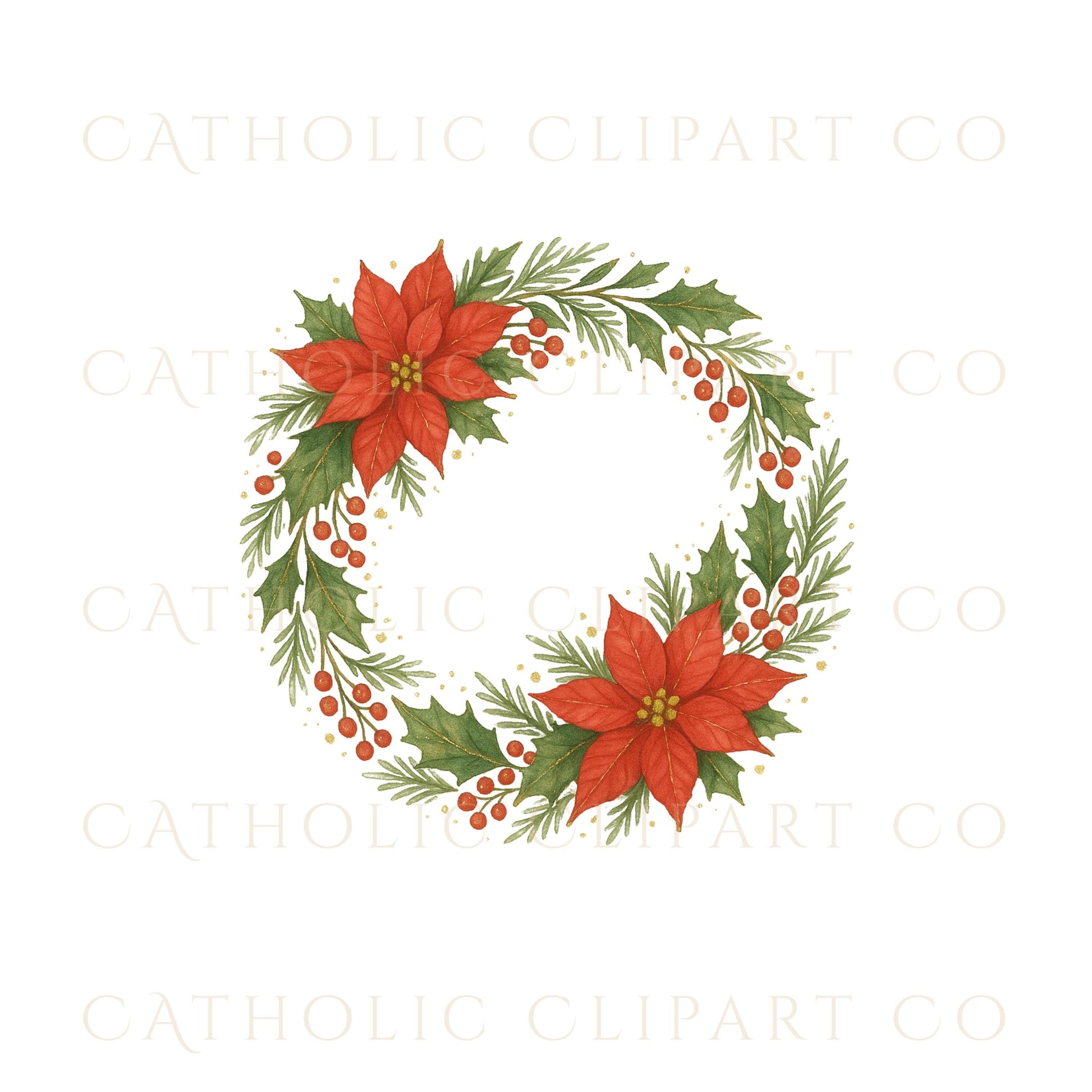 Watercolor poinsettia wreath with red berries and greenery — Guirnalda de flor de pascua con bayas rojas y follaje en acuarela