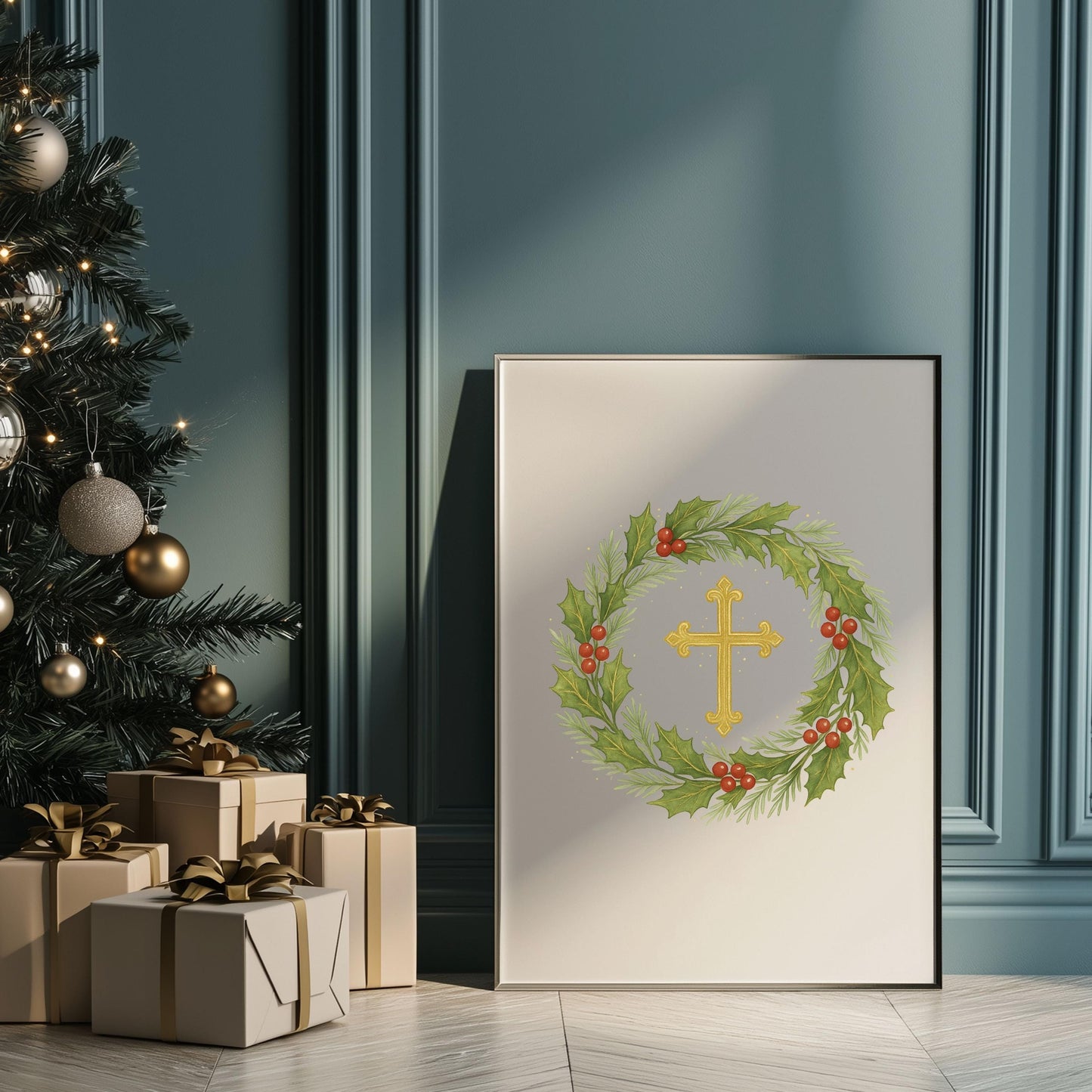 Watercolor rose Christmas element with greenery — Elemento navideño en acuarela con rosa y follaje