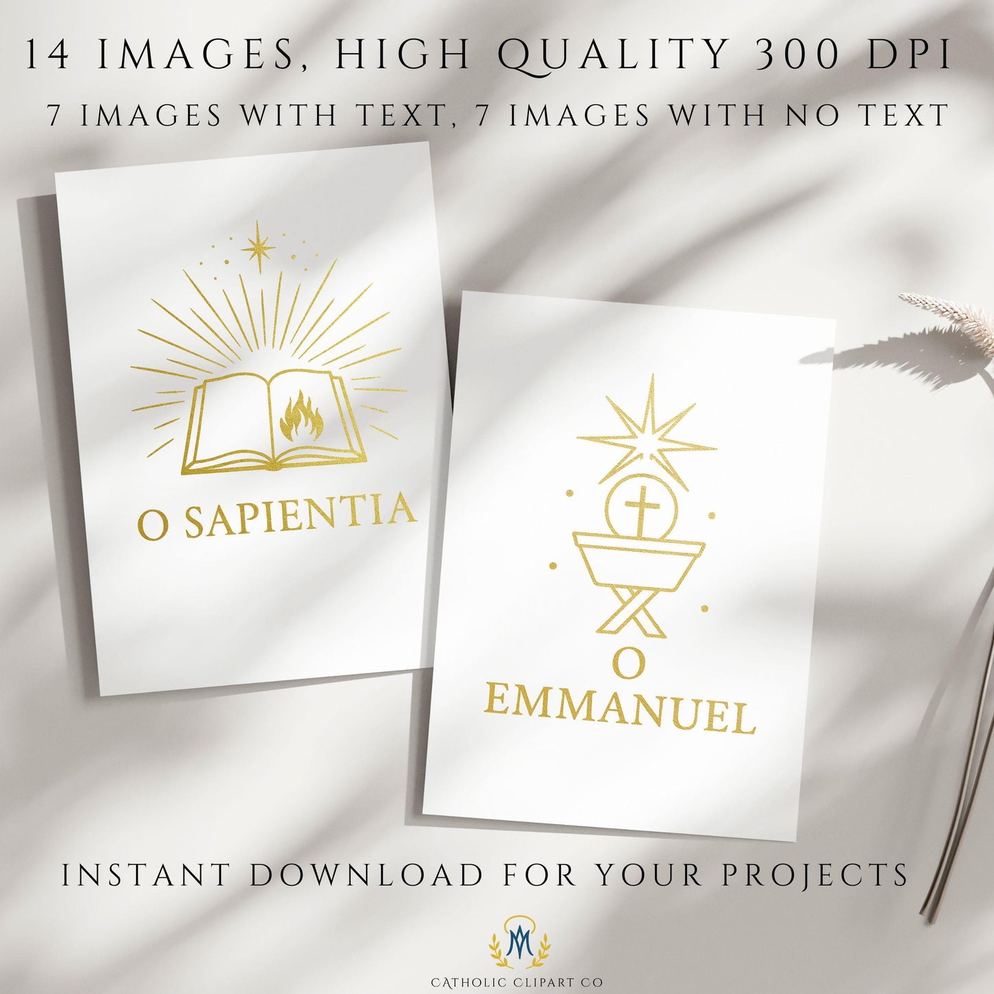Elegant gold foil Catholic clipart for Christmas • Clipart católico elegante en dorado para Navidad