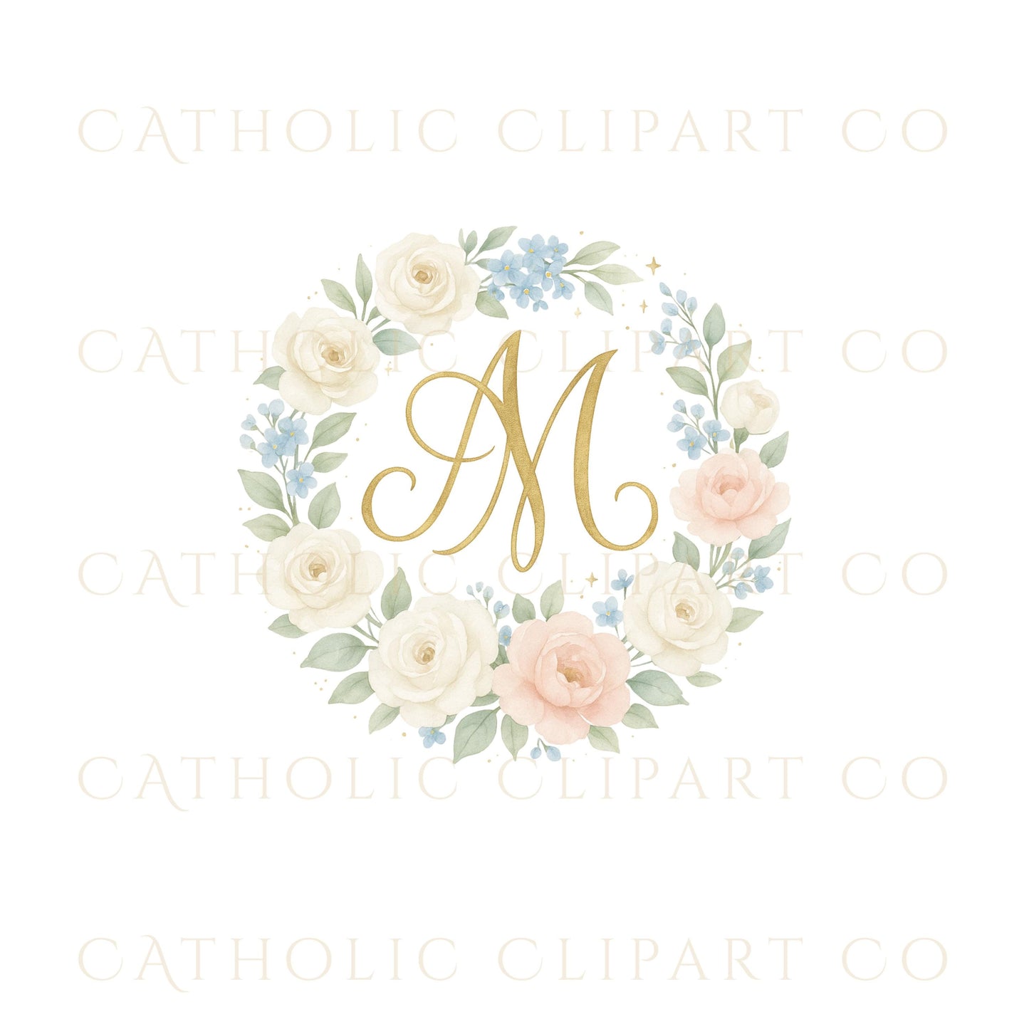 Marian Monogram Clipart |Catholic M Monogram Collection |Floral Marian Auspice Symbols | Blue & Gold Catholic Clipart |PNG JPG Christian Art