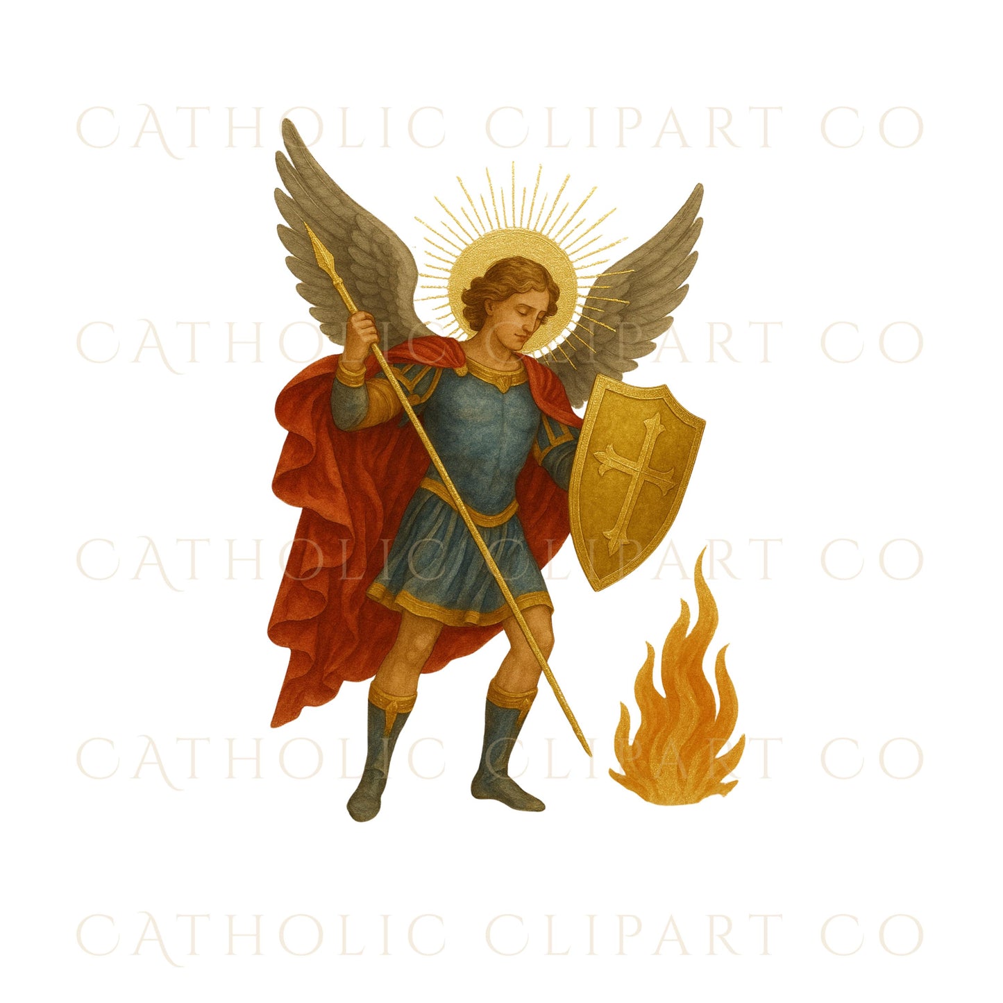 Religious art of St. Michael standing in flames with halo rays / Arte religioso de San Miguel entre llamas con halo radiante