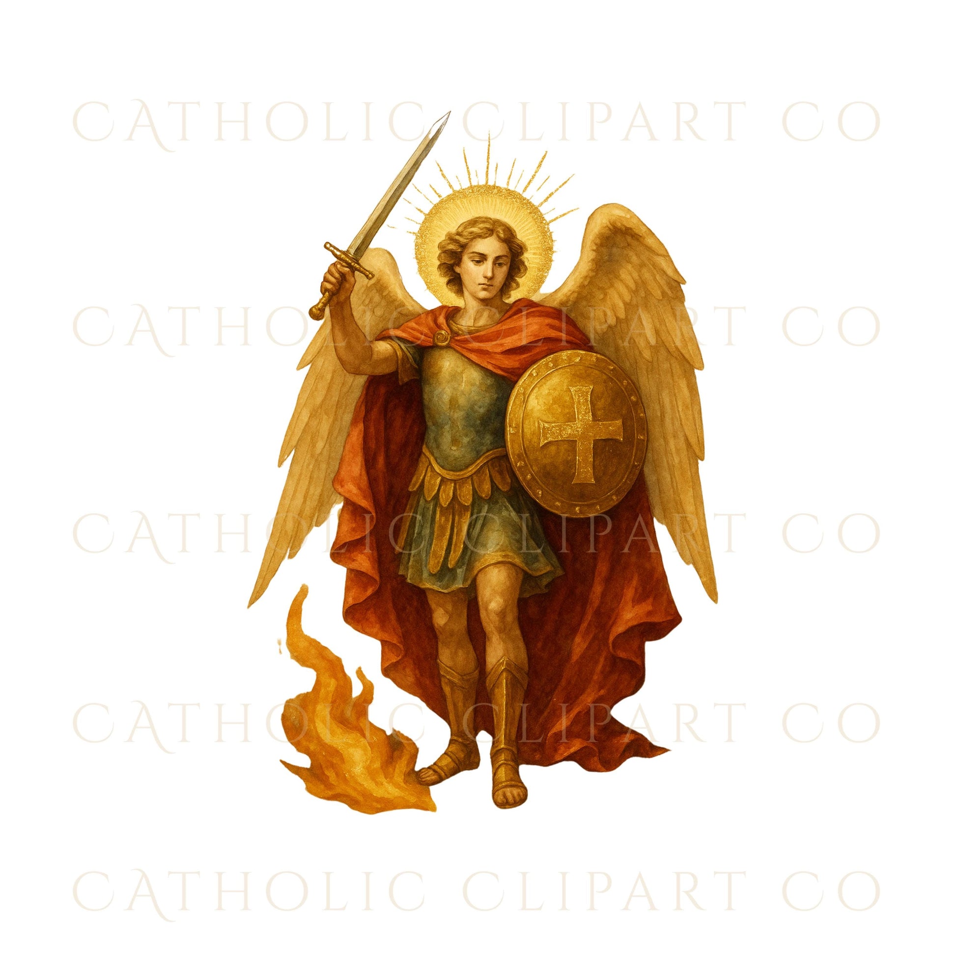 Luxury watercolor Saint Michael battling the dragon illustration / Ilustración en acuarela de lujo de San Miguel venciendo al dragón