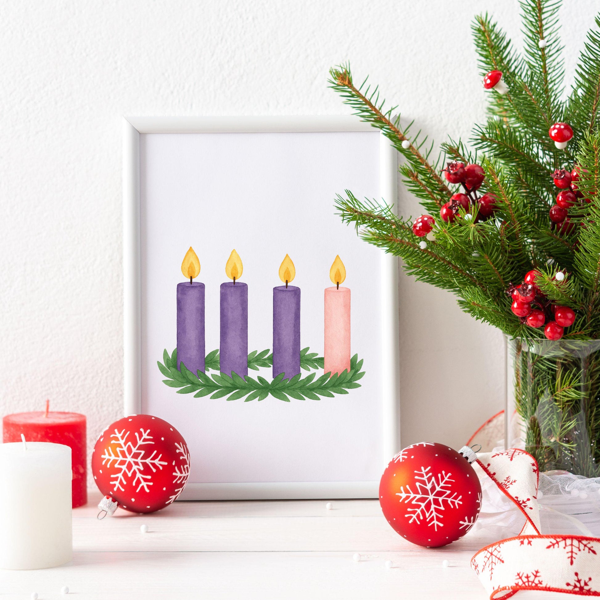 Advent candles watercolor illustration with greenery — Ilustración en acuarela de velas de Adviento con follaje