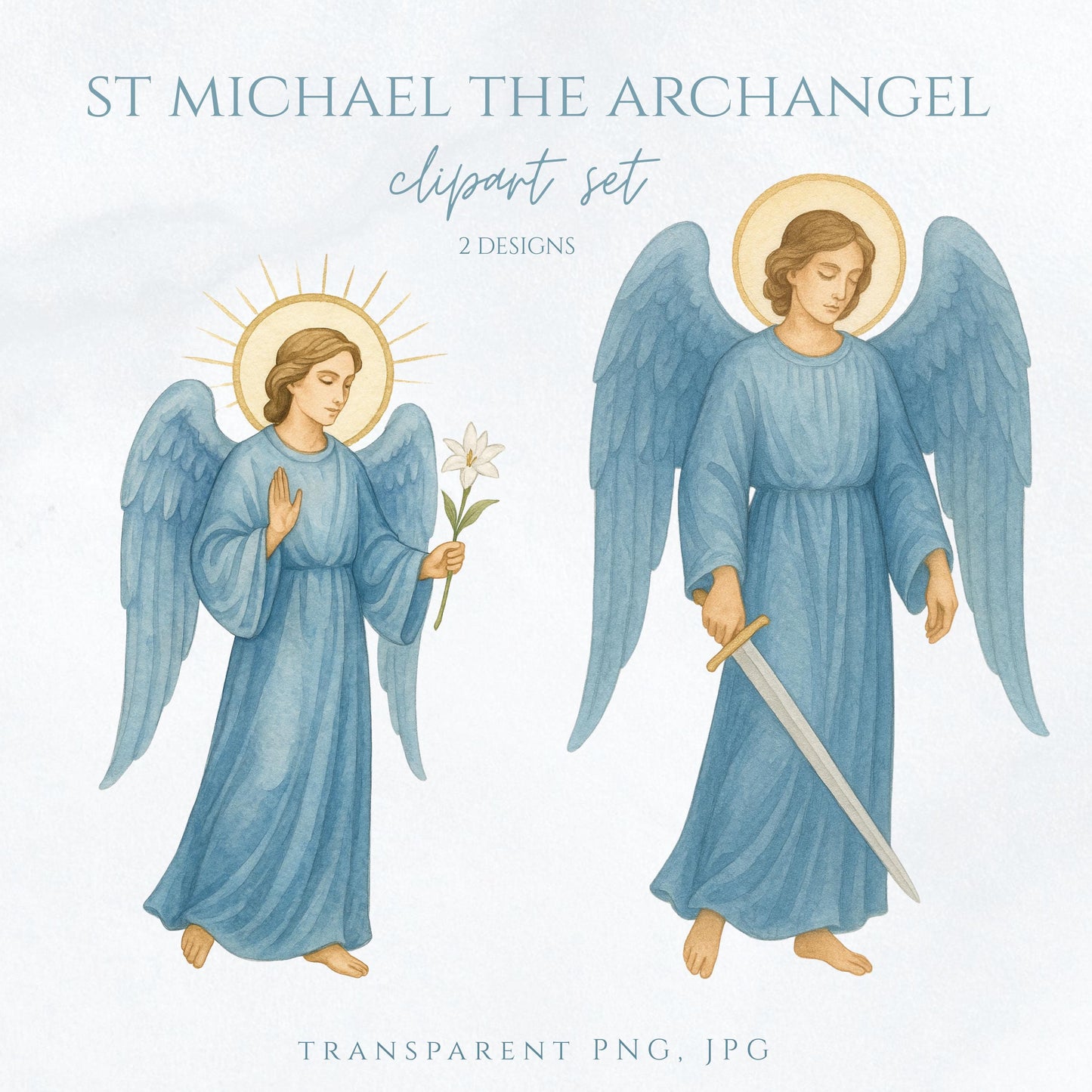 St Michael the Archangel clipart in blue and gold watercolor | Clipart de San Miguel Arcángel en acuarela azul y dorado