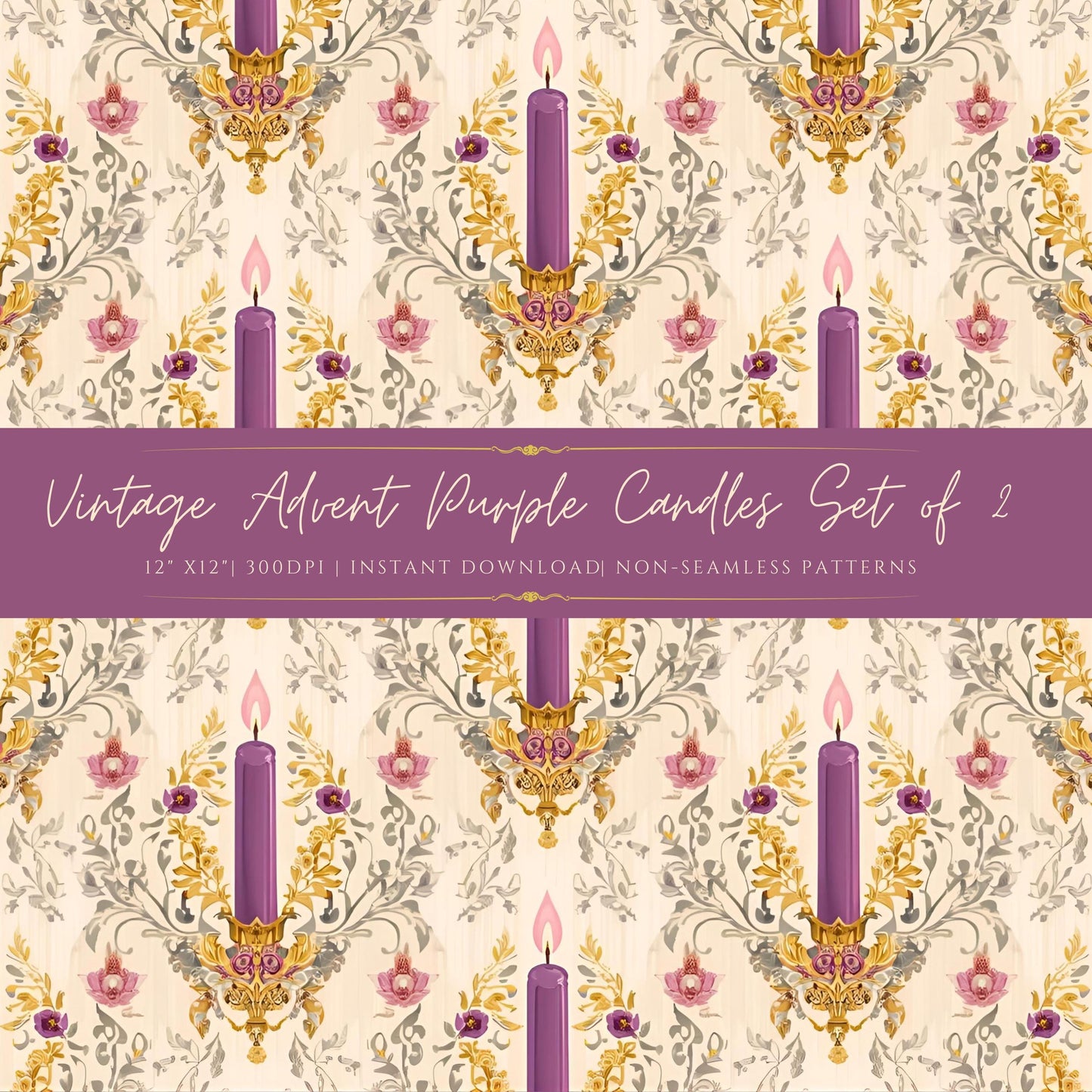 Vintage Advent purple candle digital paper with floral accents / Papel digital vintage de velas moradas de Adviento con acentos florales