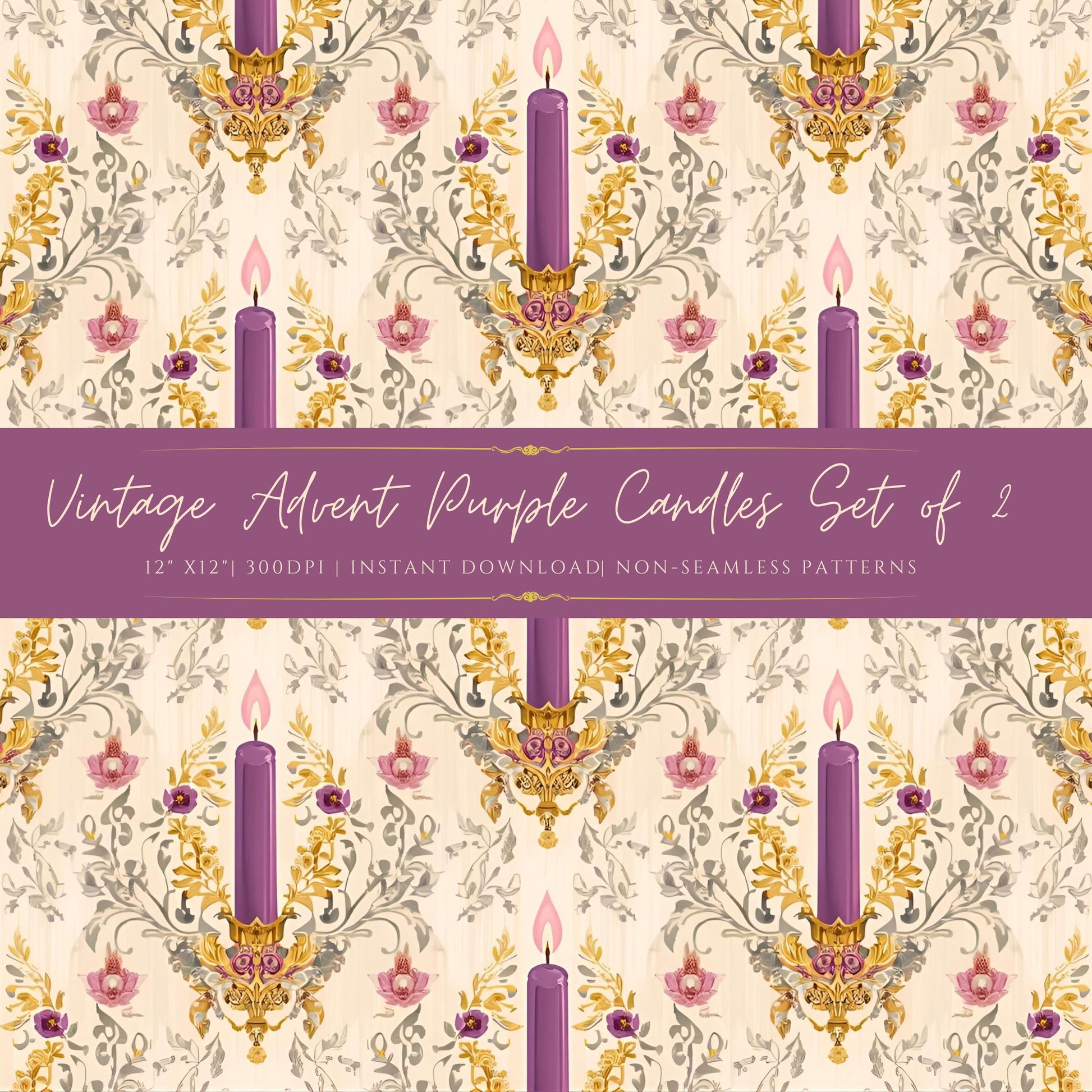Vintage Advent purple candle digital paper with floral accents / Papel digital vintage de velas moradas de Adviento con acentos florales