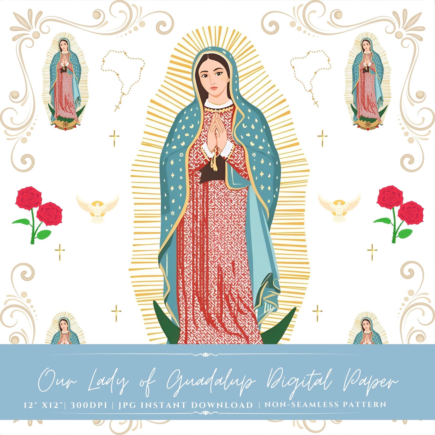 Our Lady of Guadalupe digital paper with roses and rosaries on white background – Papel digital de la Virgen de Guadalupe con rosas y rosarios sobre fondo blanco