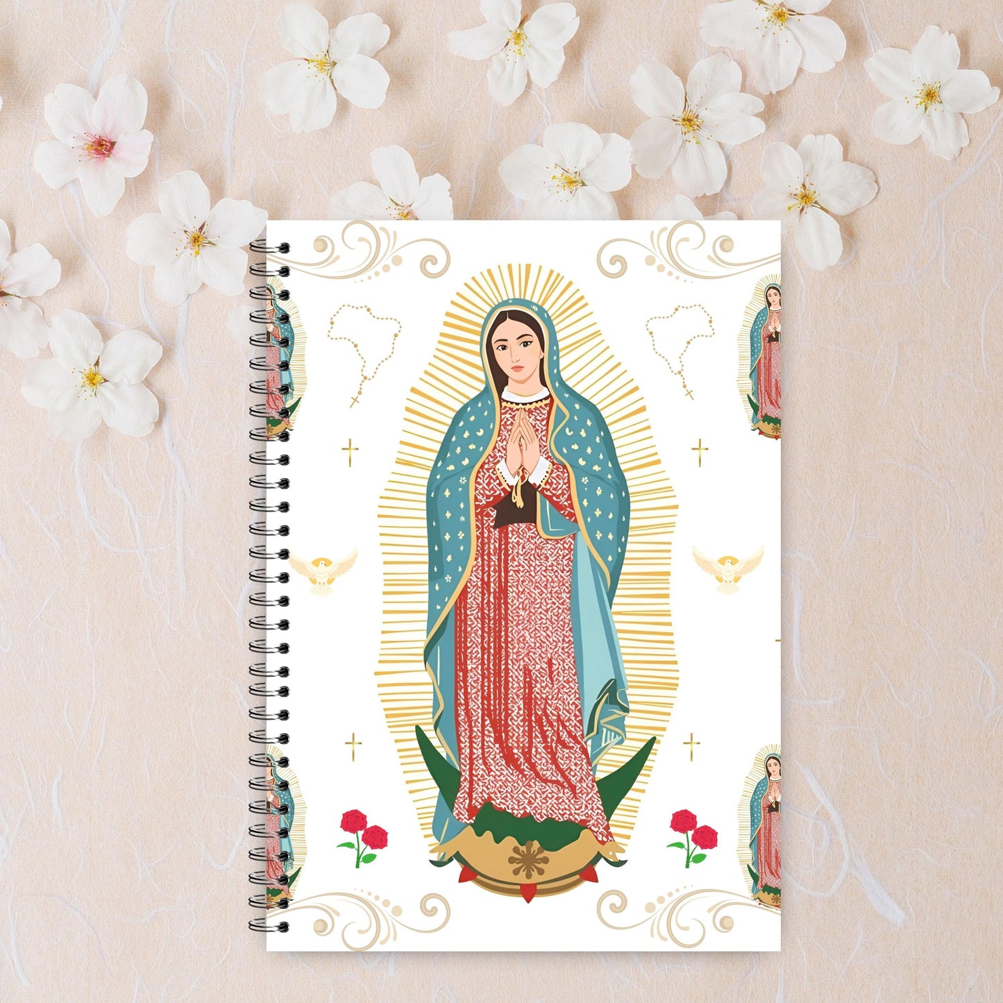 Catholic junk journal paper with Our Lady of Guadalupe illustration – Papel para junk journal católico con ilustración de la Virgen de Guadalupe