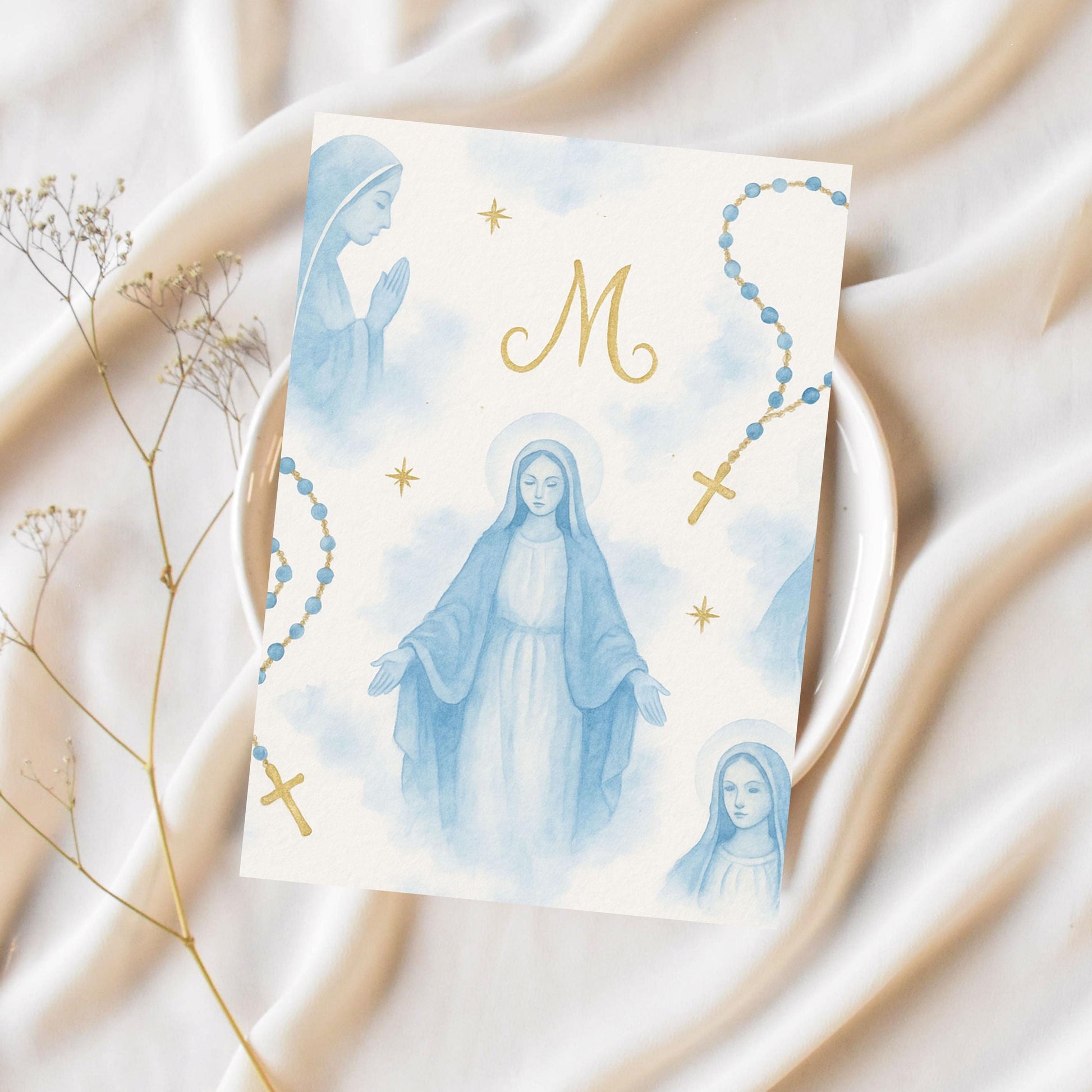 Catholic digital paper with Virgin Mary, rosary beads, and gold monogram”
“Papel digital católico con Virgen María, cuentas de rosario y monograma dorado