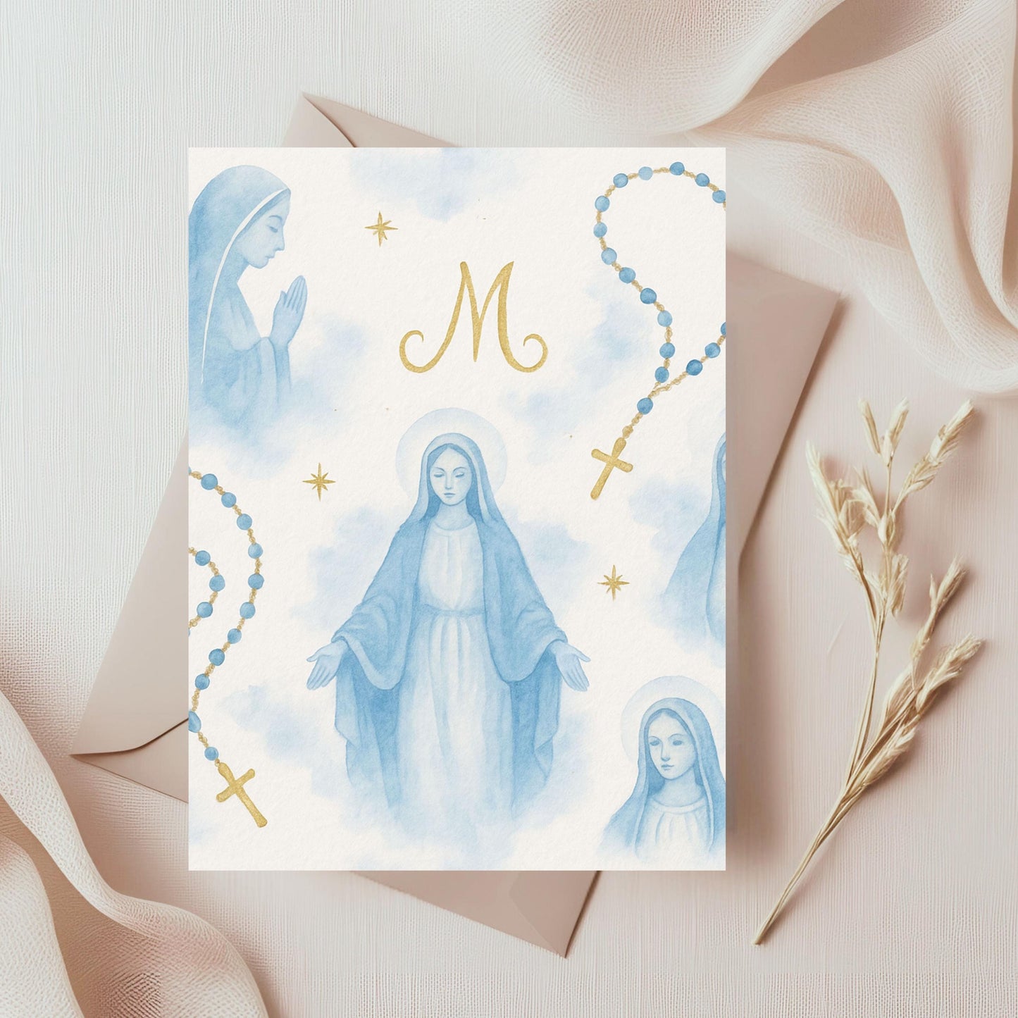 Marian blue watercolor background featuring praying Mary illustration”
“Fondo azul mariano en acuarela con ilustración de María orando