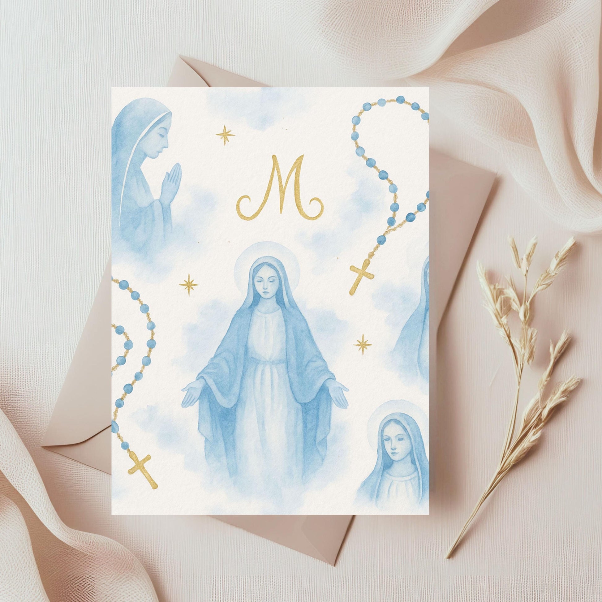 Marian blue watercolor background featuring praying Mary illustration”
“Fondo azul mariano en acuarela con ilustración de María orando