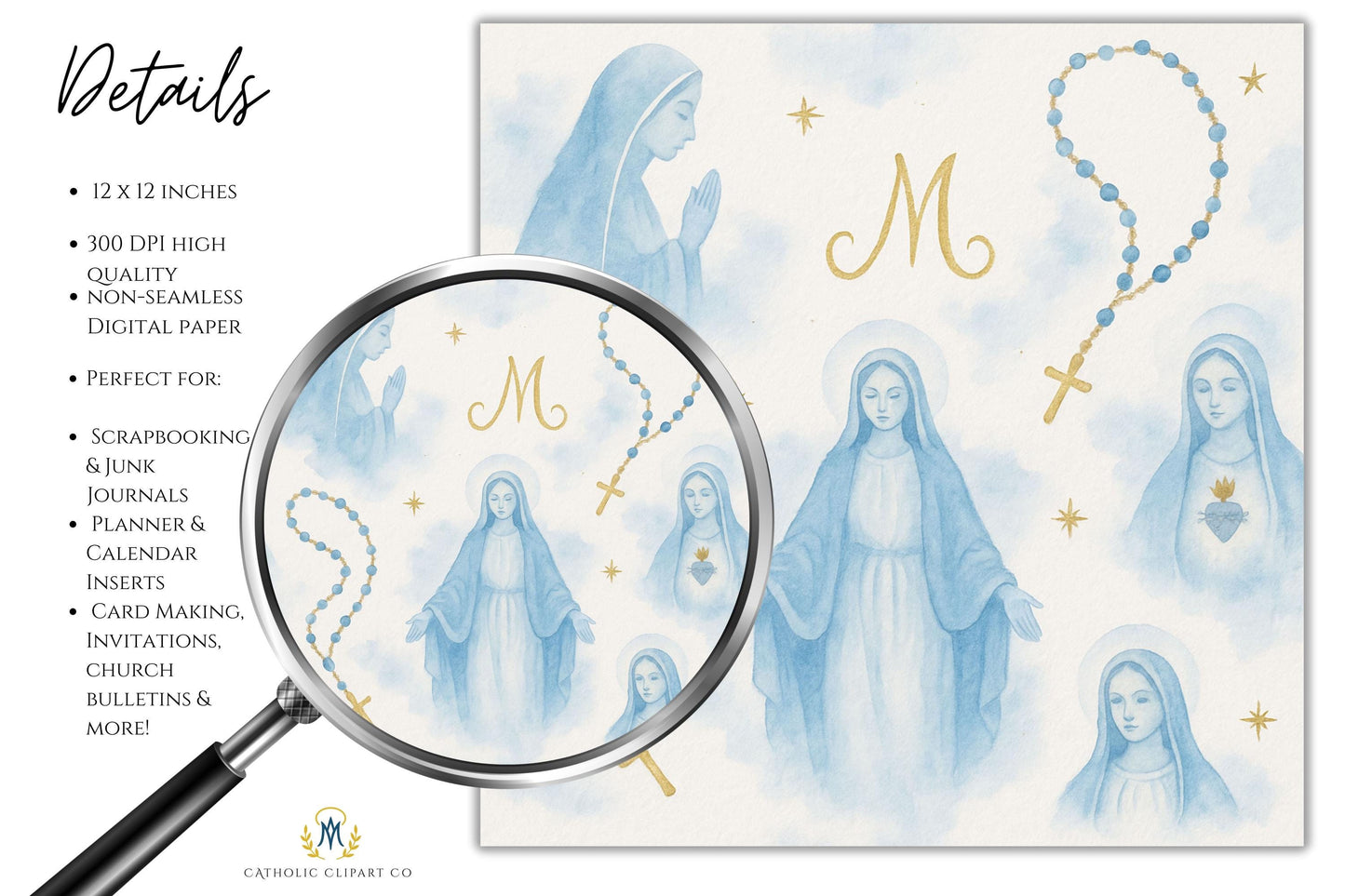Soft Marian blue cloud wash with hand-painted religious icons”
“Lavado de nubes azul mariano con íconos religiosos pintados a mano”