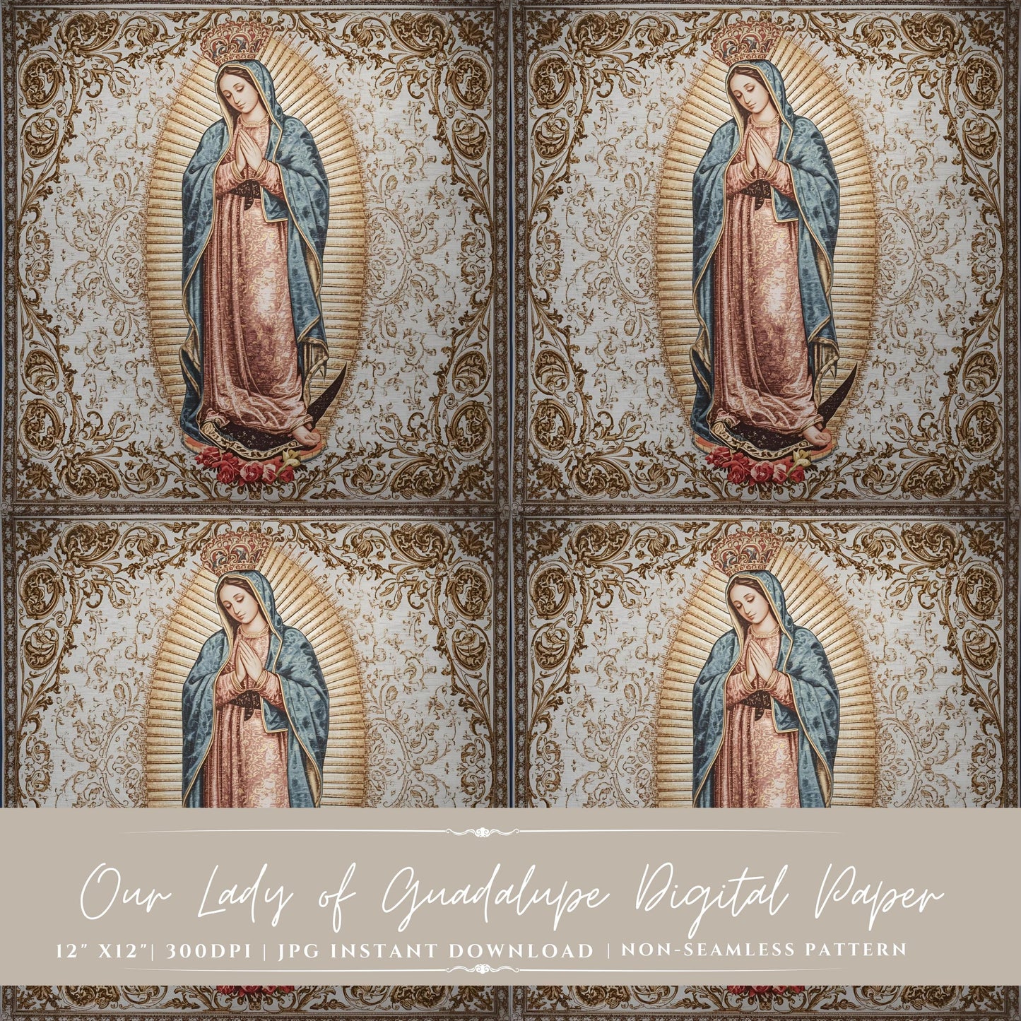 Our Lady of Guadalupe vintage digital paper with gold filigree border — Papel digital de Guadalupe con filigrana dorada