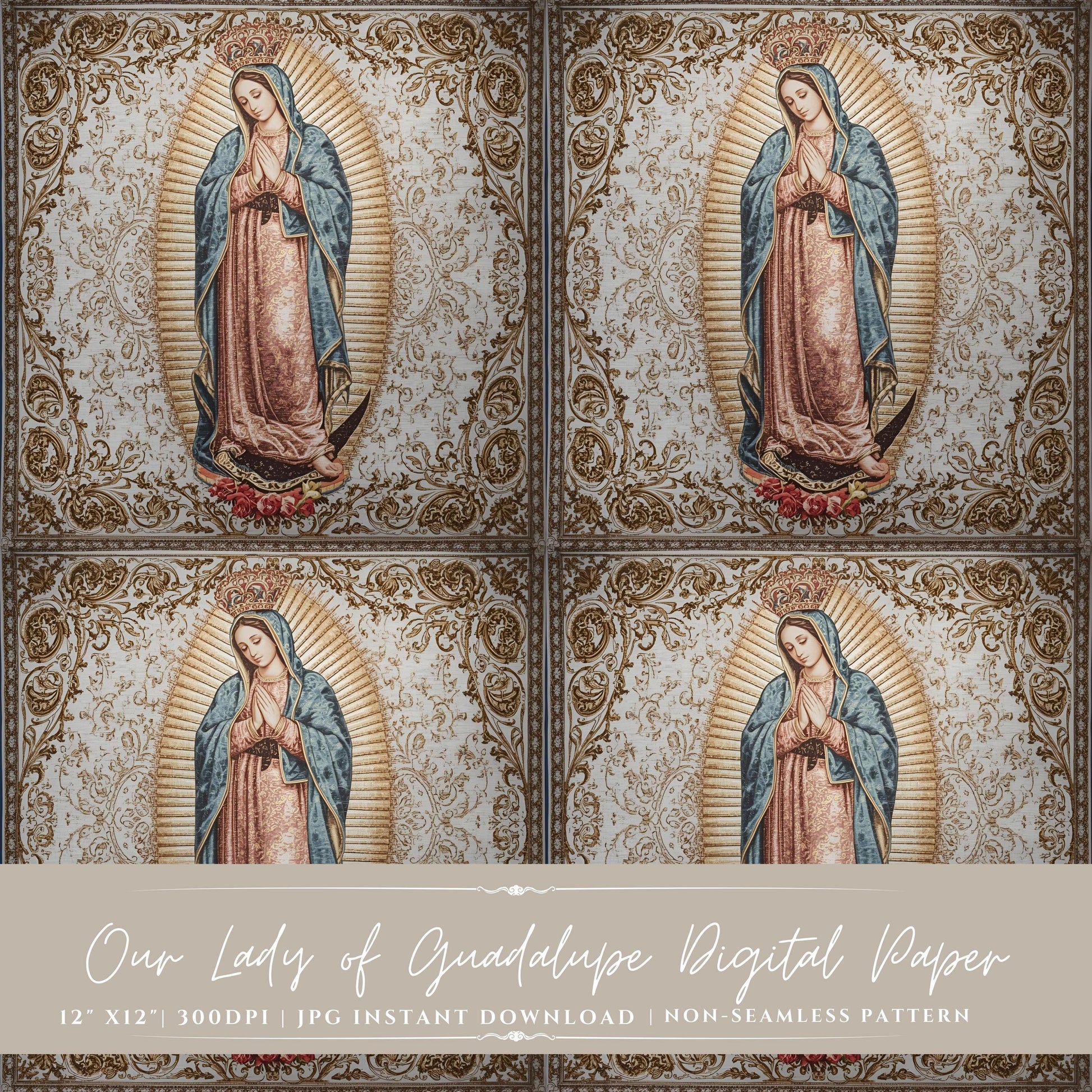 Our Lady of Guadalupe vintage digital paper with gold filigree border — Papel digital de Guadalupe con filigrana dorada