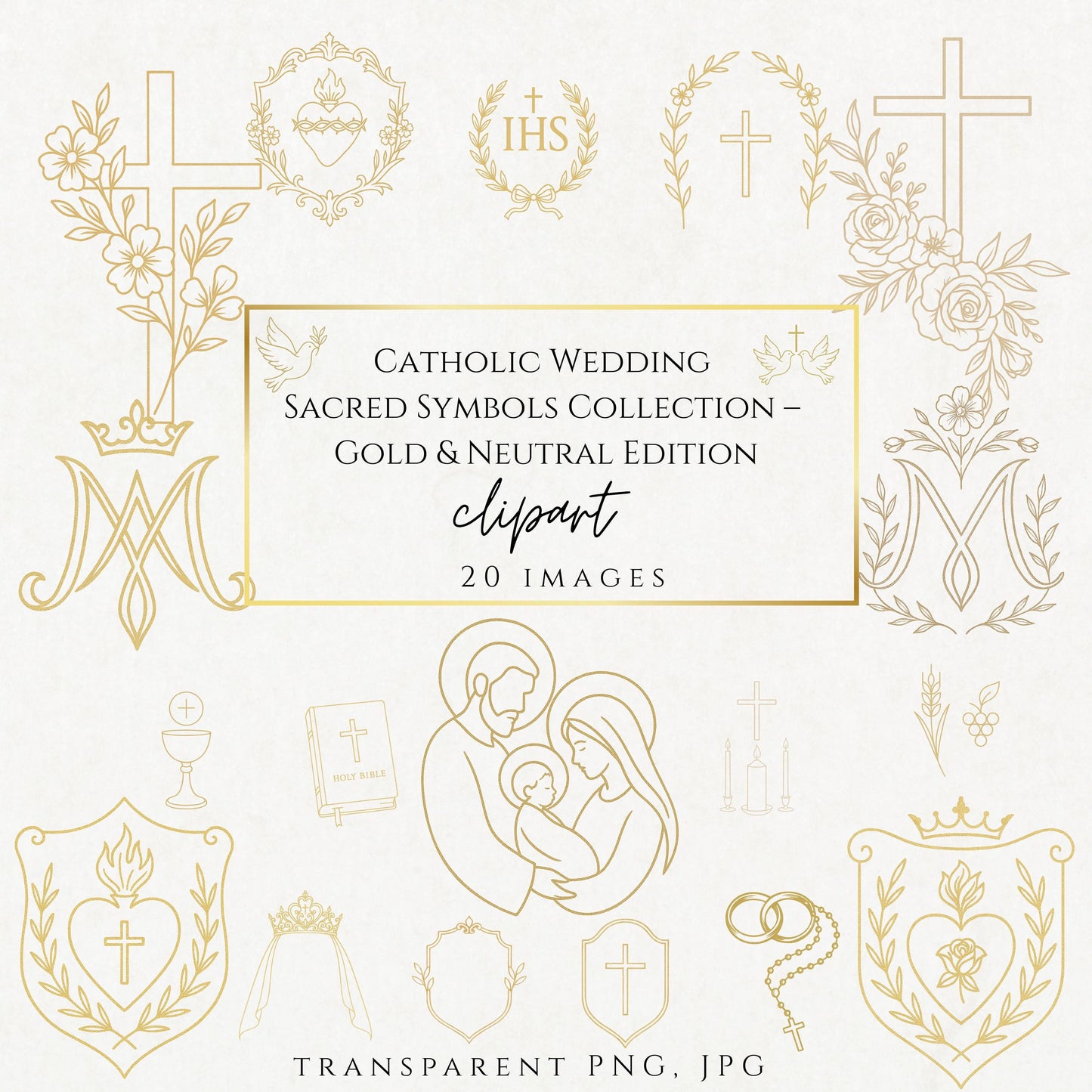 Gold Catholic wedding rings with rosary intertwined • Anillos de boda dorados con rosario entrelazado