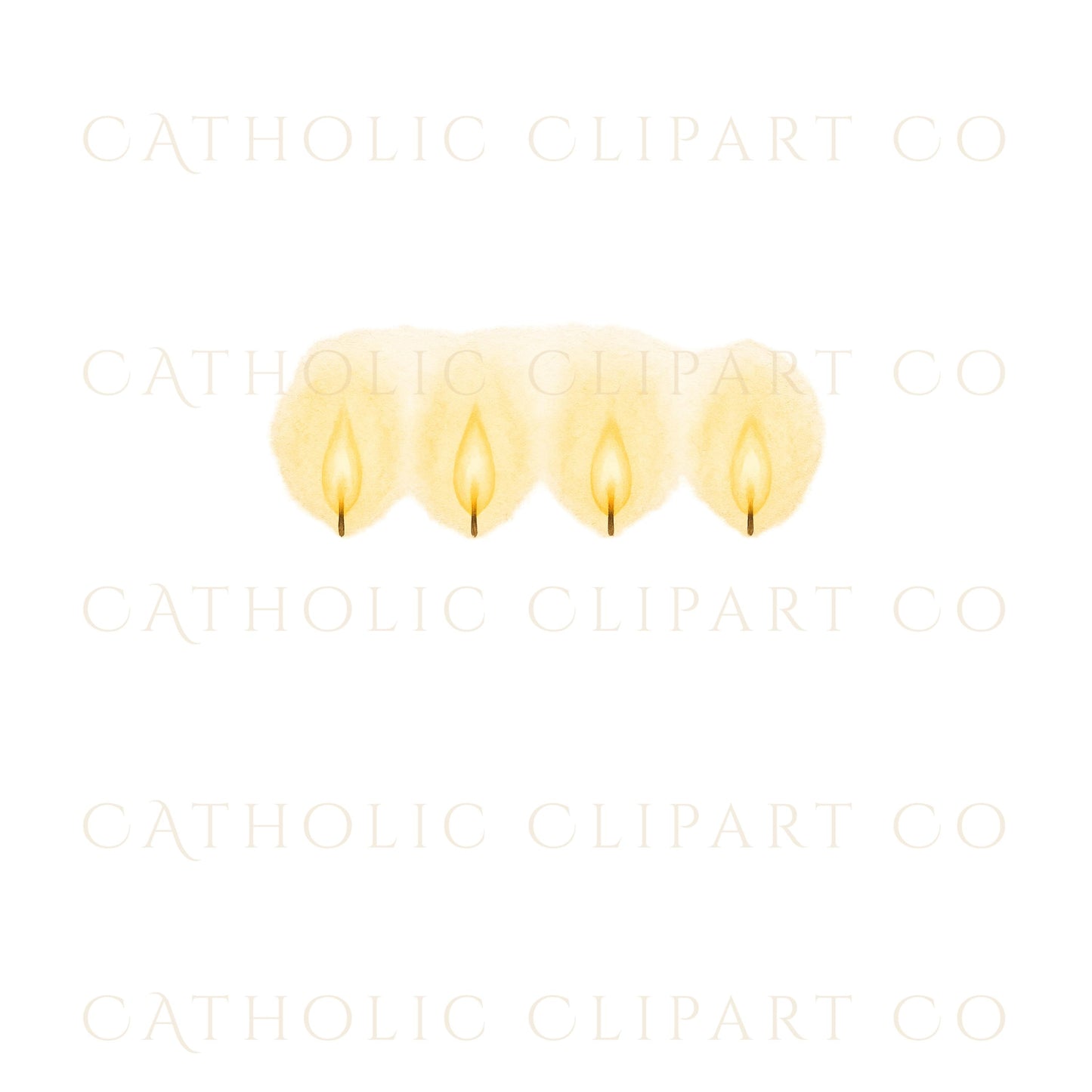 Four Advent candles lit in watercolor style, cuatro velas de Adviento encendidas en acuarela.