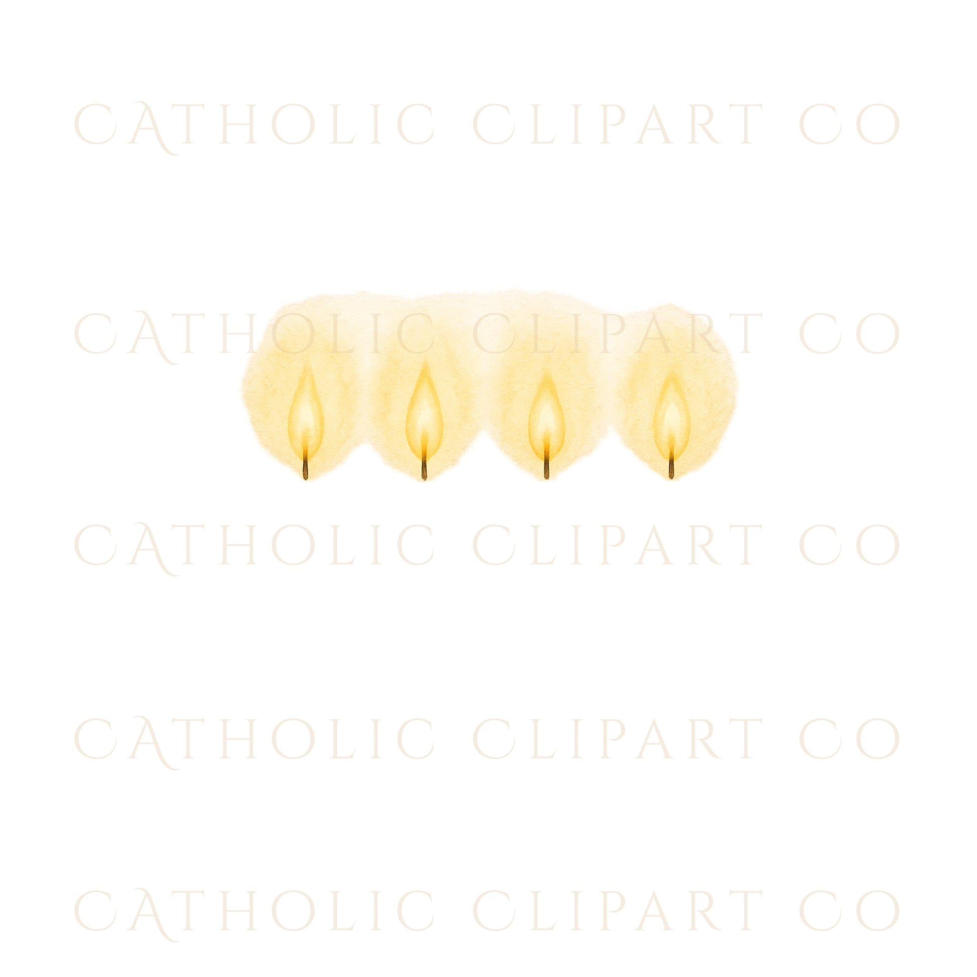 Four Advent candles lit in watercolor style, cuatro velas de Adviento encendidas en acuarela.