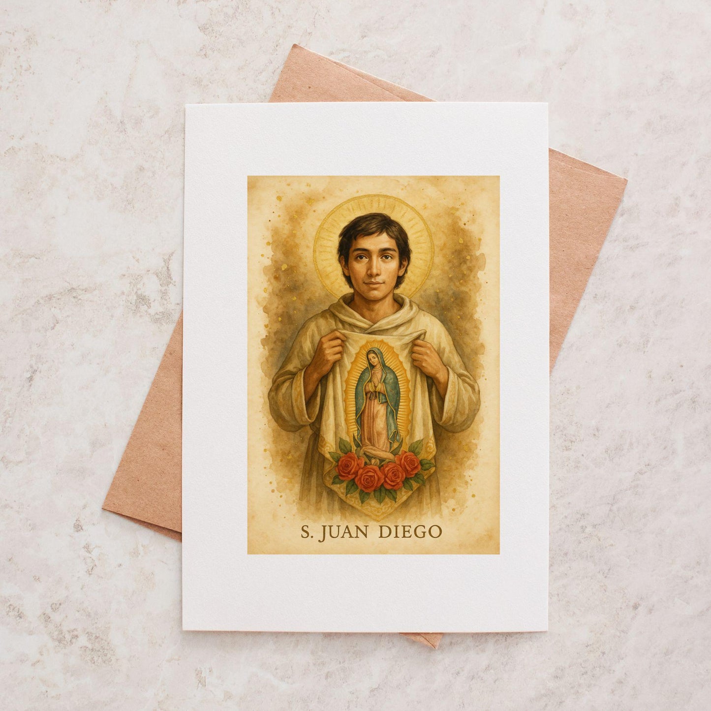 Catholic devotional art of Juan Diego revealing the tilma — Arte devocional de Juan Diego mostrando la tilma