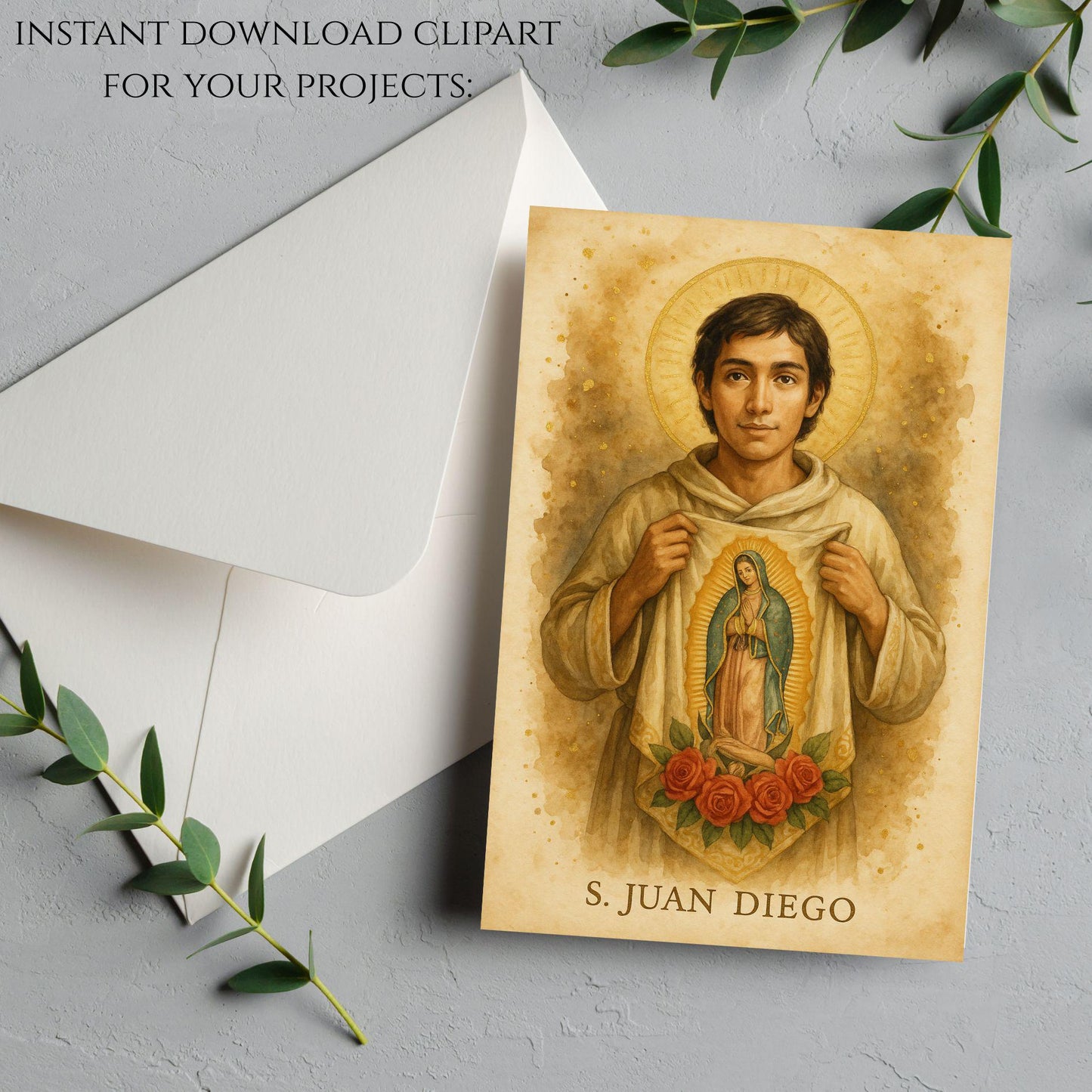 Hand drawn Catholic saint artwork with roses — Arte católico dibujado a mano con rosas