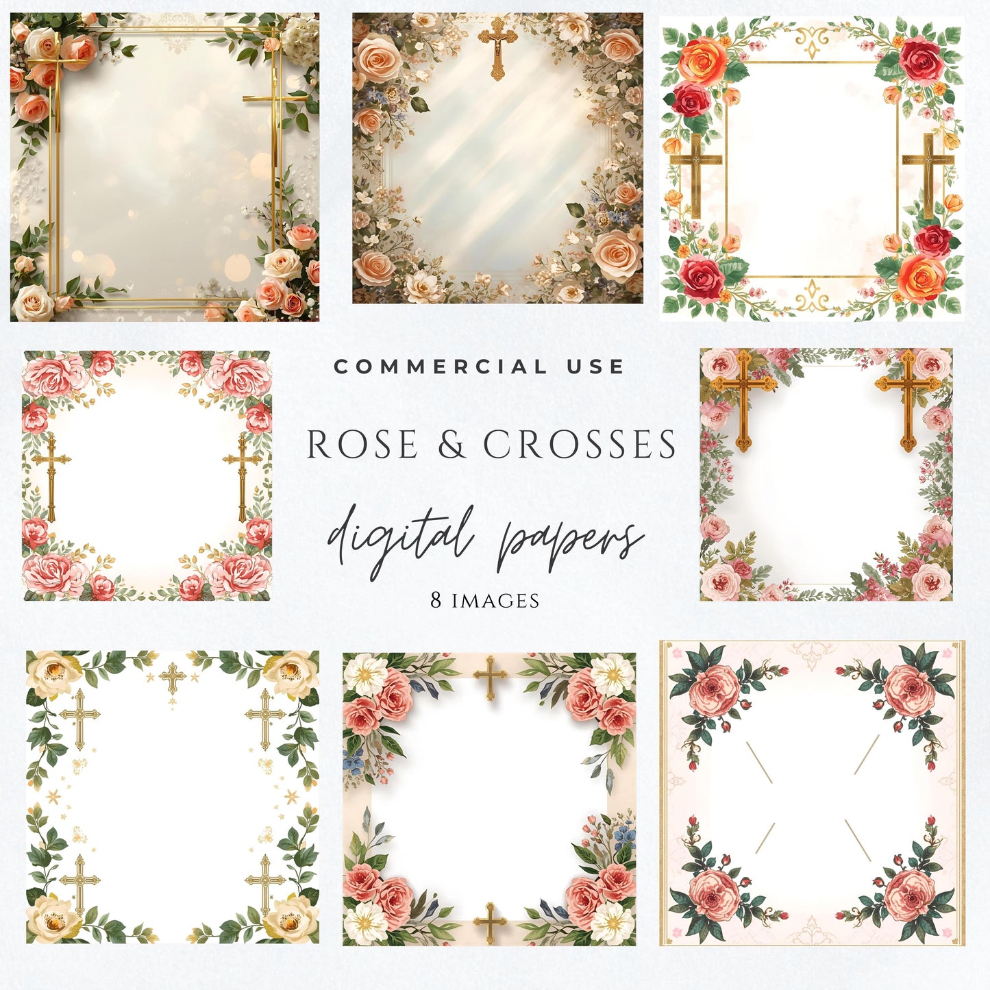 Catholic digital paper with rose floral border and gold cross frame, vintage scrapbook style / Papel digital católico con borde floral de rosas y cruz dorada, estilo vintage