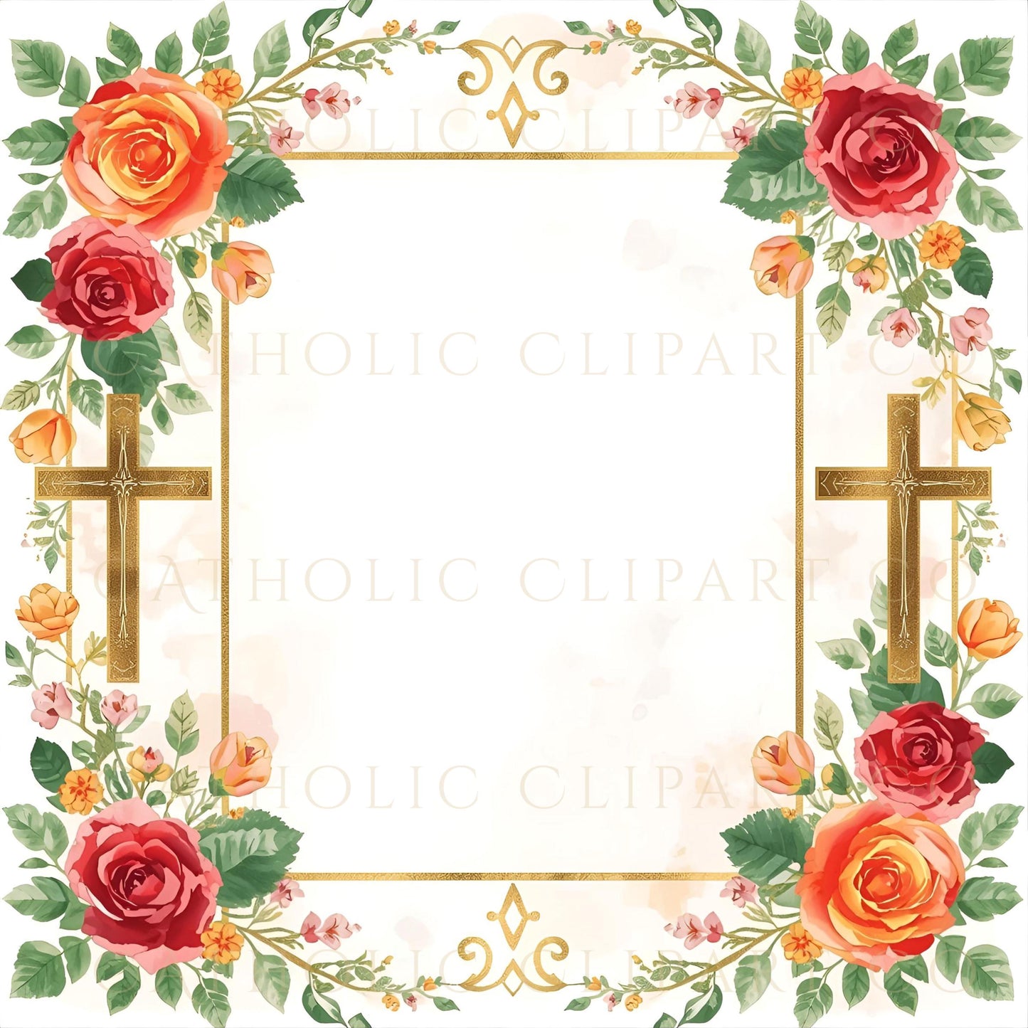 Vintage Catholic digital paper with roses and cross border for prayer projects / Papel digital católico vintage con rosas y borde de cruz para proyectos de oración