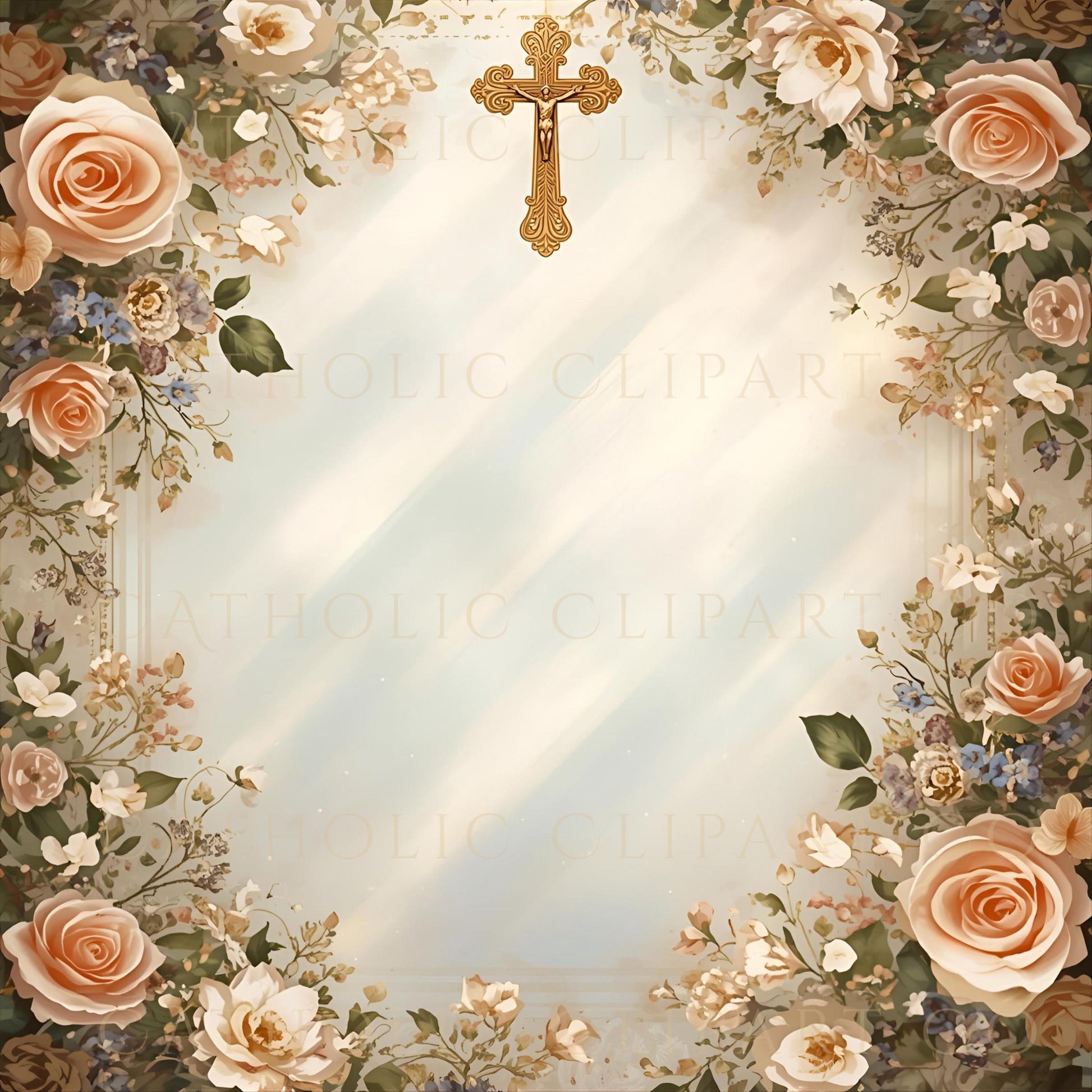 Floral Catholic digital background with cross frame for religious scrapbooking / Fondo digital católico floral con marco de cruz para scrapbook religioso
