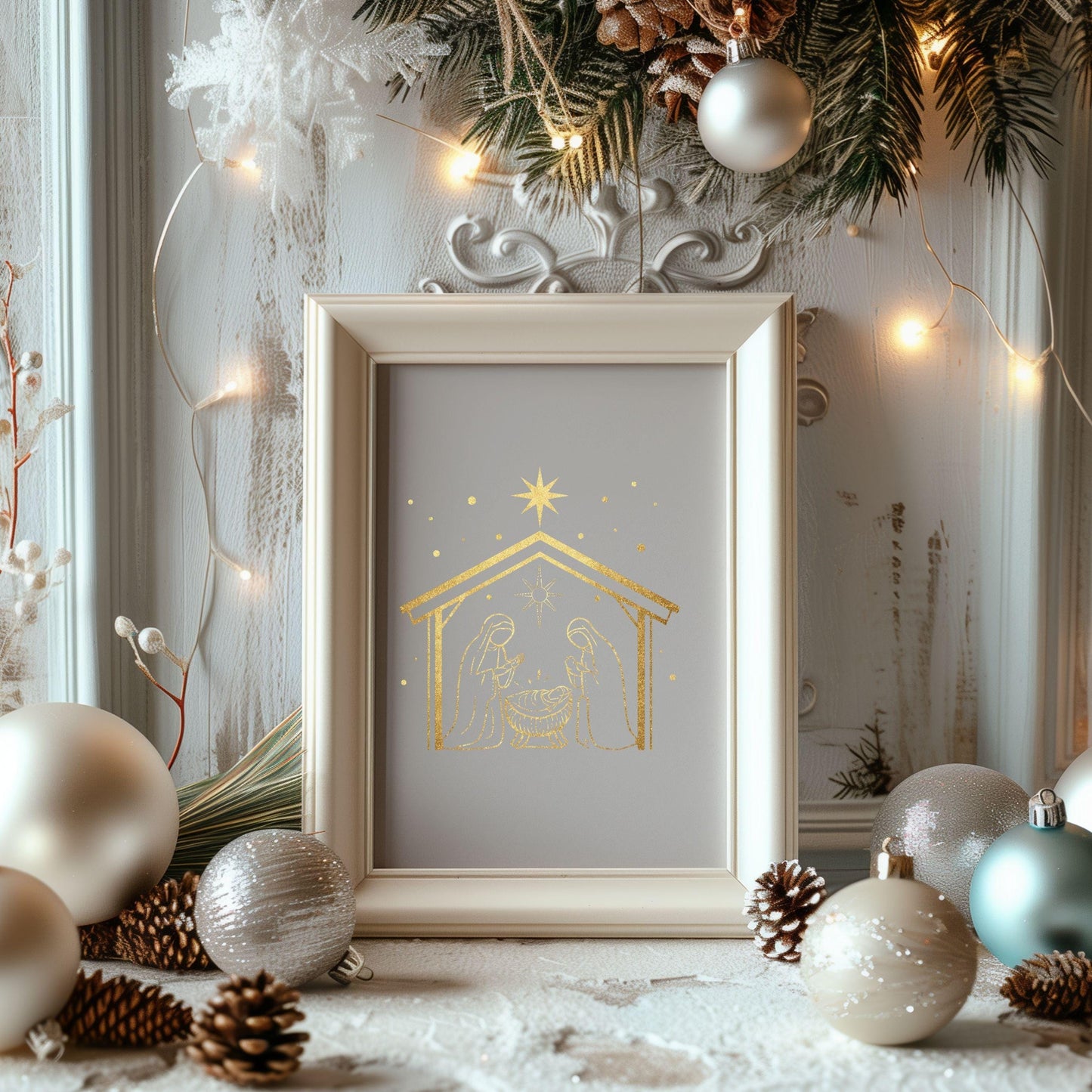 Minimalist gold nativity PNG, nacimiento minimalista en dorado