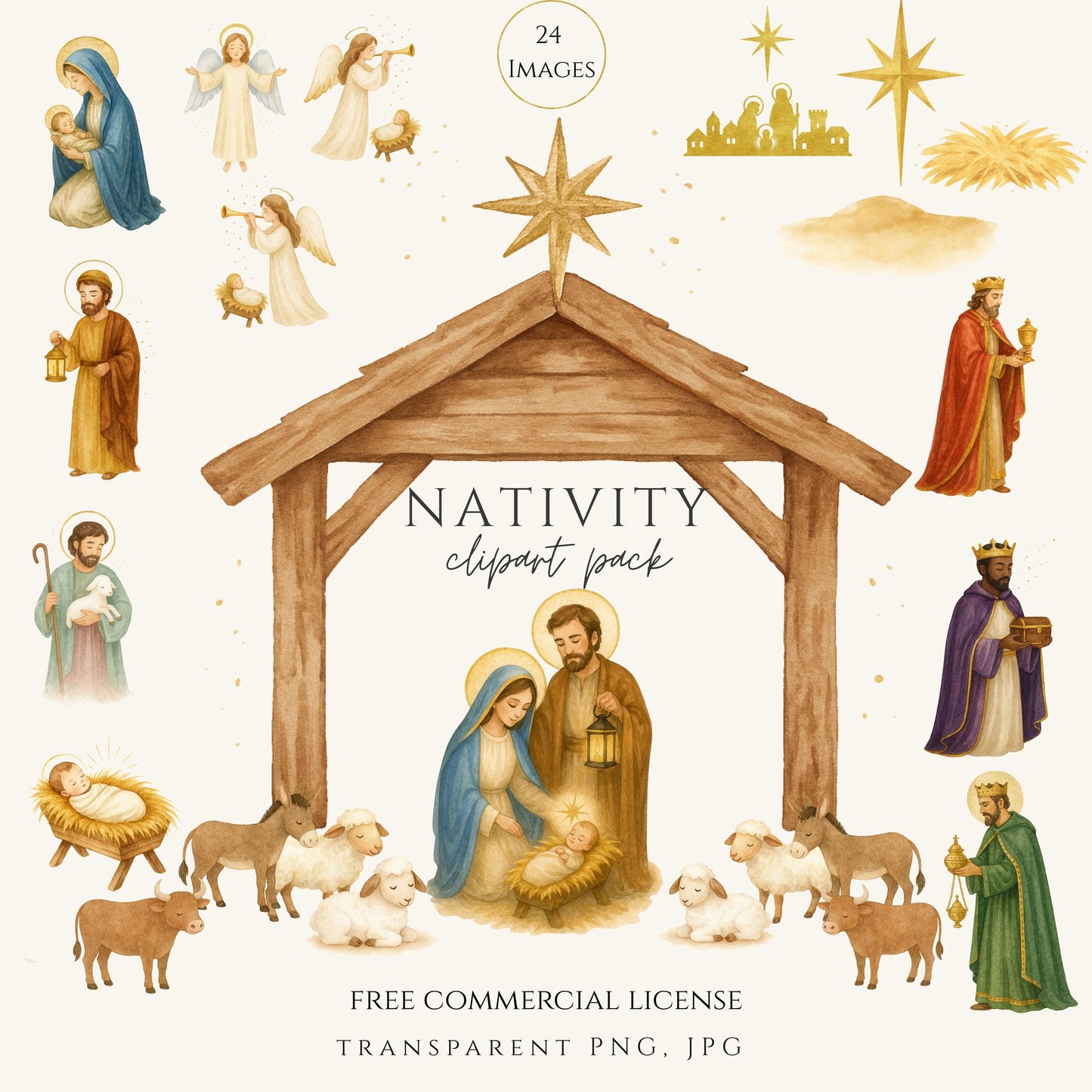 Watercolor Holy Family Nativity clipart, Mary Joseph Baby Jesus — Acuarela de la Sagrada Familia, María José y el Niño Jesús