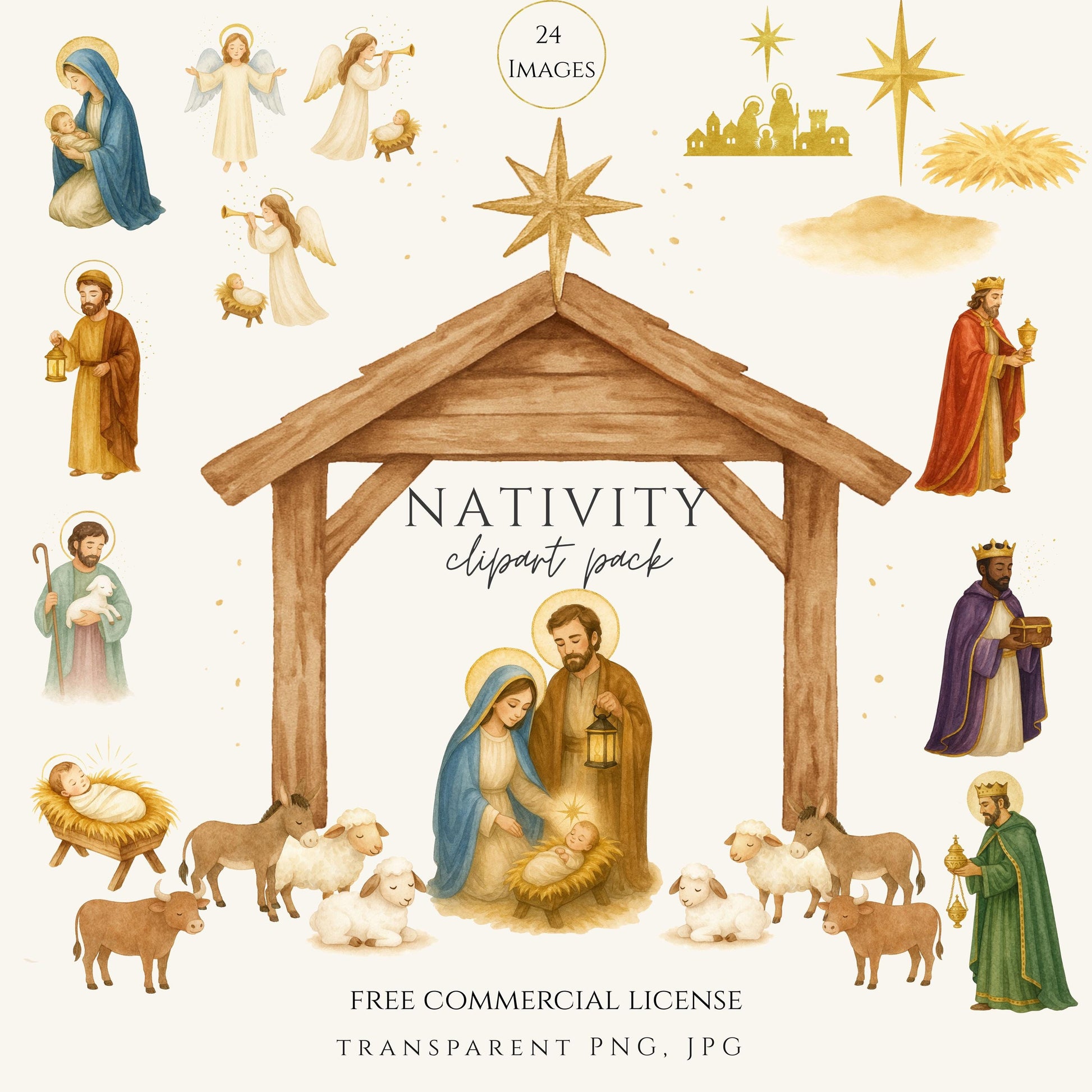 Watercolor Holy Family Nativity clipart, Mary Joseph Baby Jesus — Acuarela de la Sagrada Familia, María José y el Niño Jesús