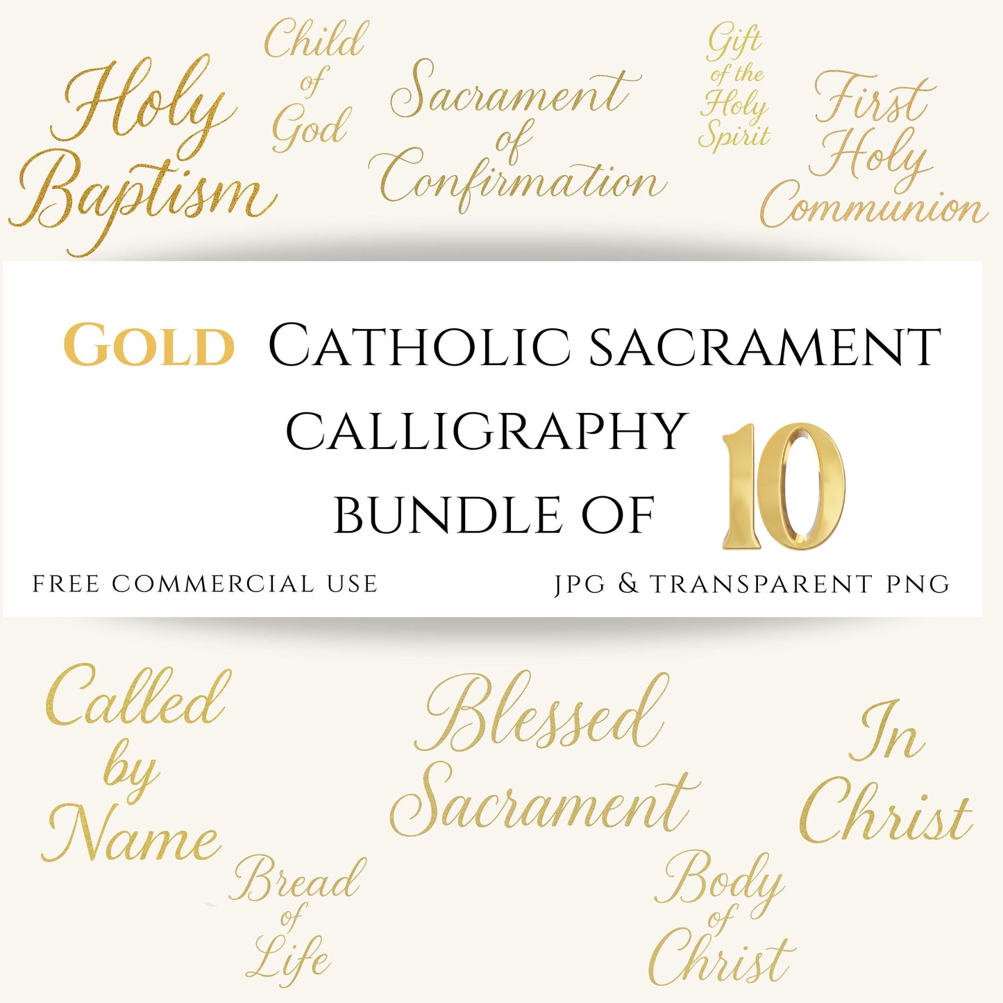 Gold Catholic sacrament calligraphy bundle with baptism and communion phrases | Paquete de caligrafía dorada de sacramentos católicos,