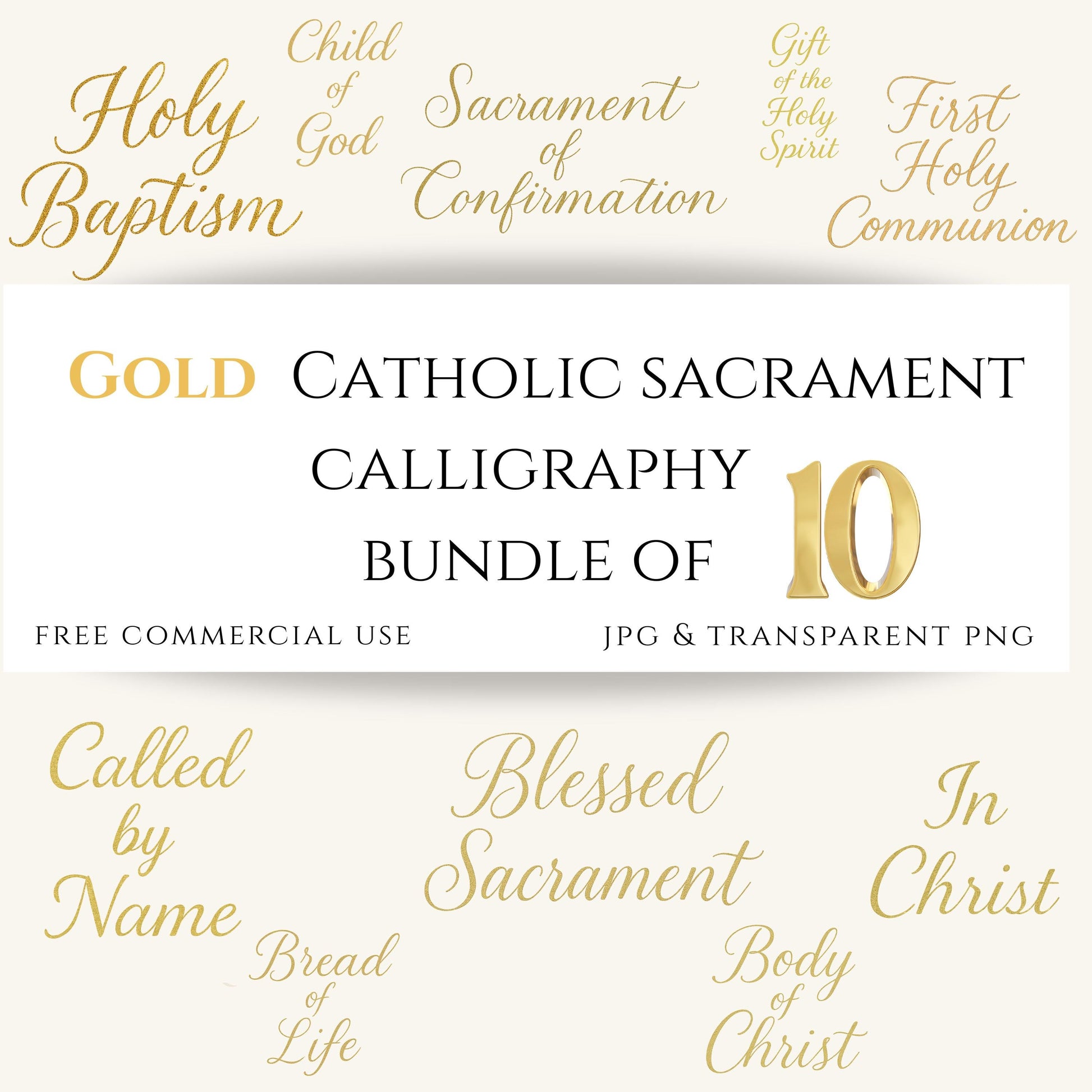 Gold Catholic sacrament calligraphy bundle with baptism and communion phrases | Paquete de caligrafía dorada de sacramentos católicos,