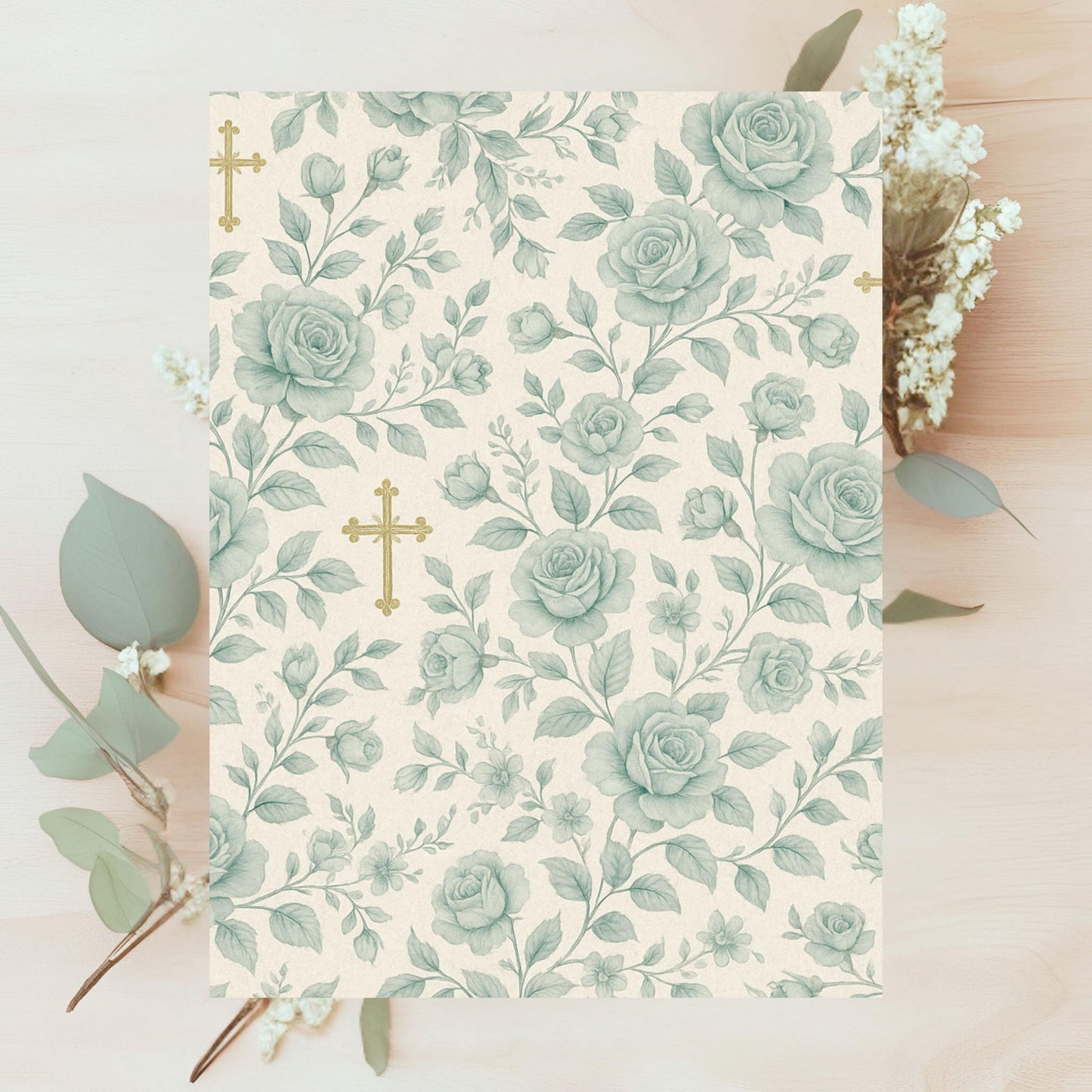 Blue rose scrapbook paper with soft gold religious accents • Papel de scrapbook azul con acentos religiosos dorados