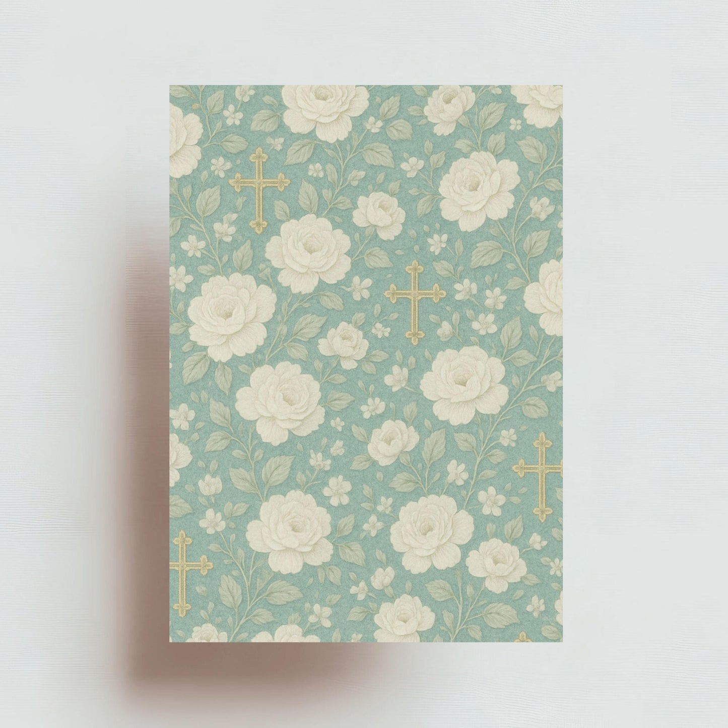 Vintage chic floral paper with Catholic cross motifs • Papel floral vintage chic con motivos de cruces católicas