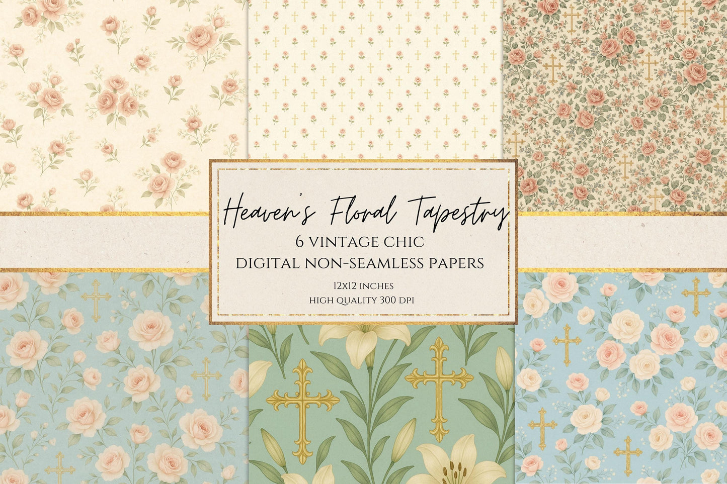 Vintage floral digital paper with peach roses and gold crosses • Papel digital floral vintage con rosas melocotón y cruces doradas