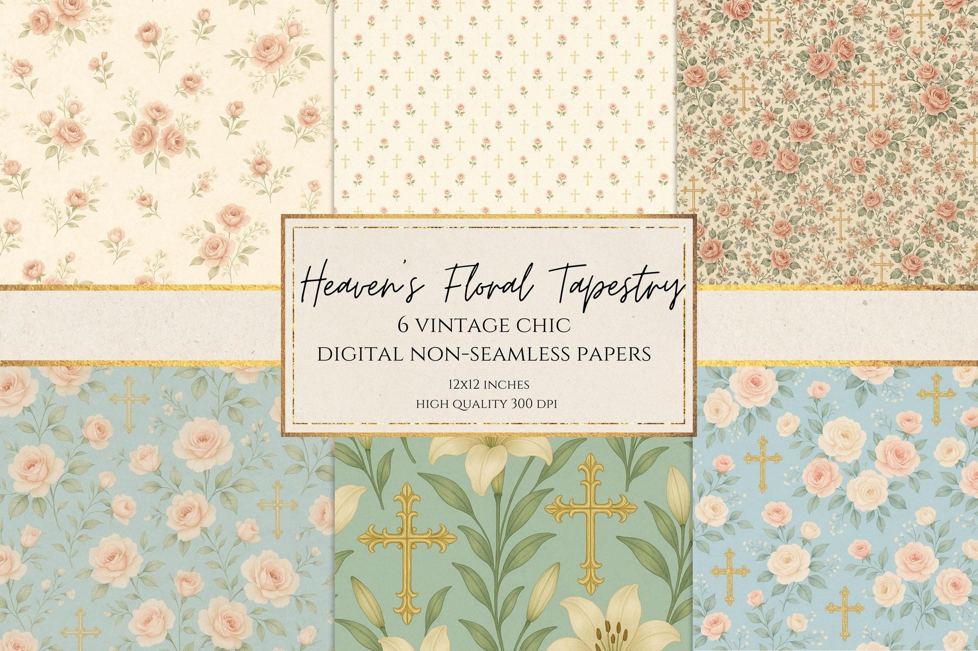 Vintage floral digital paper with peach roses and gold crosses • Papel digital floral vintage con rosas melocotón y cruces doradas