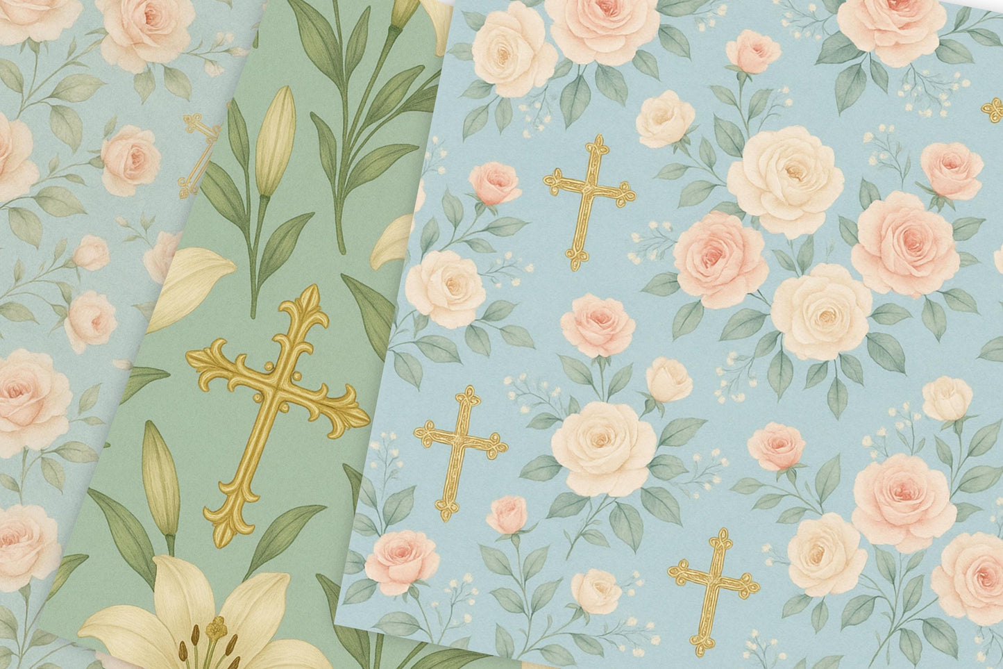Christian floral paper with peach roses and subtle gold accents • Papel floral cristiano con rosas melocotón y acentos dorados suaves