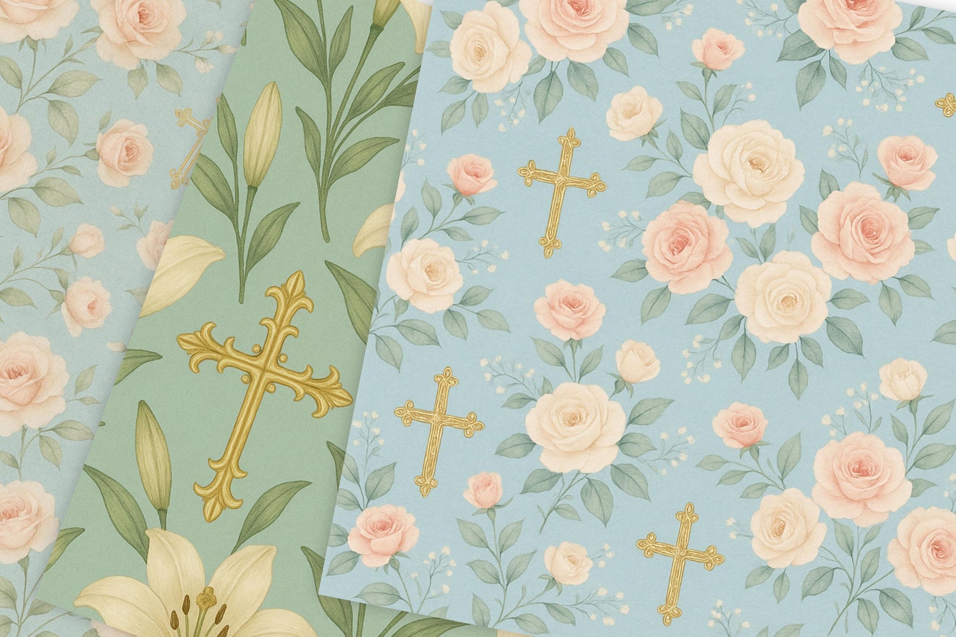 Christian floral paper with peach roses and subtle gold accents • Papel floral cristiano con rosas melocotón y acentos dorados suaves