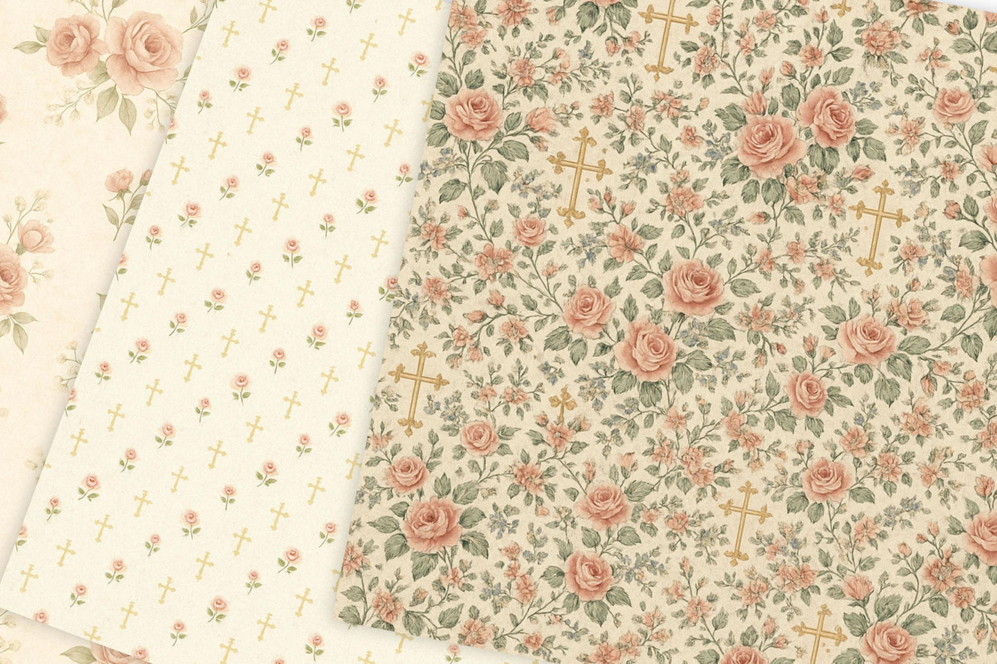 Antique cream background with small roses and delicate vines • Fondo crema antiguo con pequeñas rosas y enredaderas delicadas