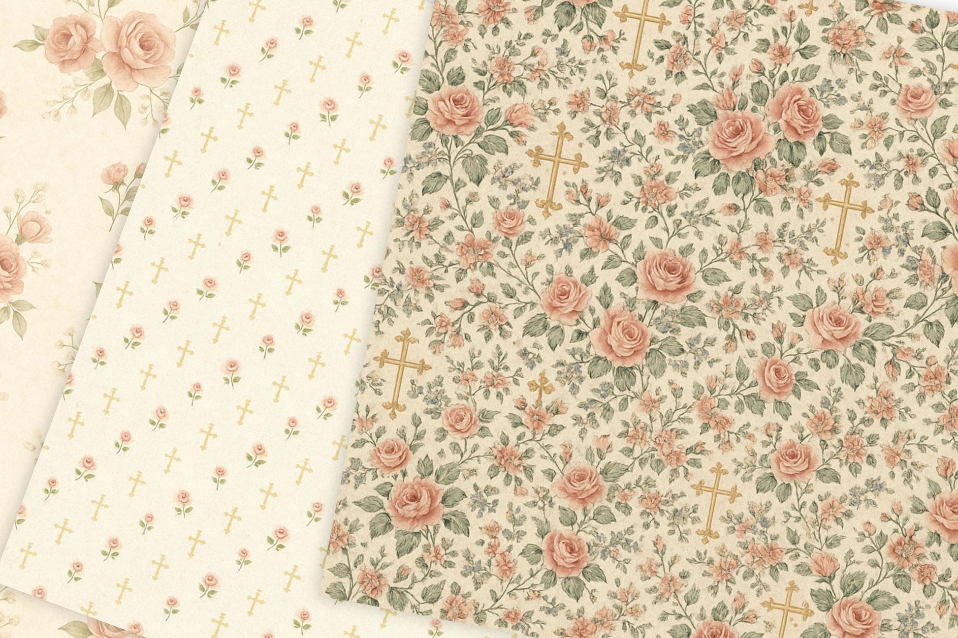 Antique cream background with small roses and delicate vines • Fondo crema antiguo con pequeñas rosas y enredaderas delicadas