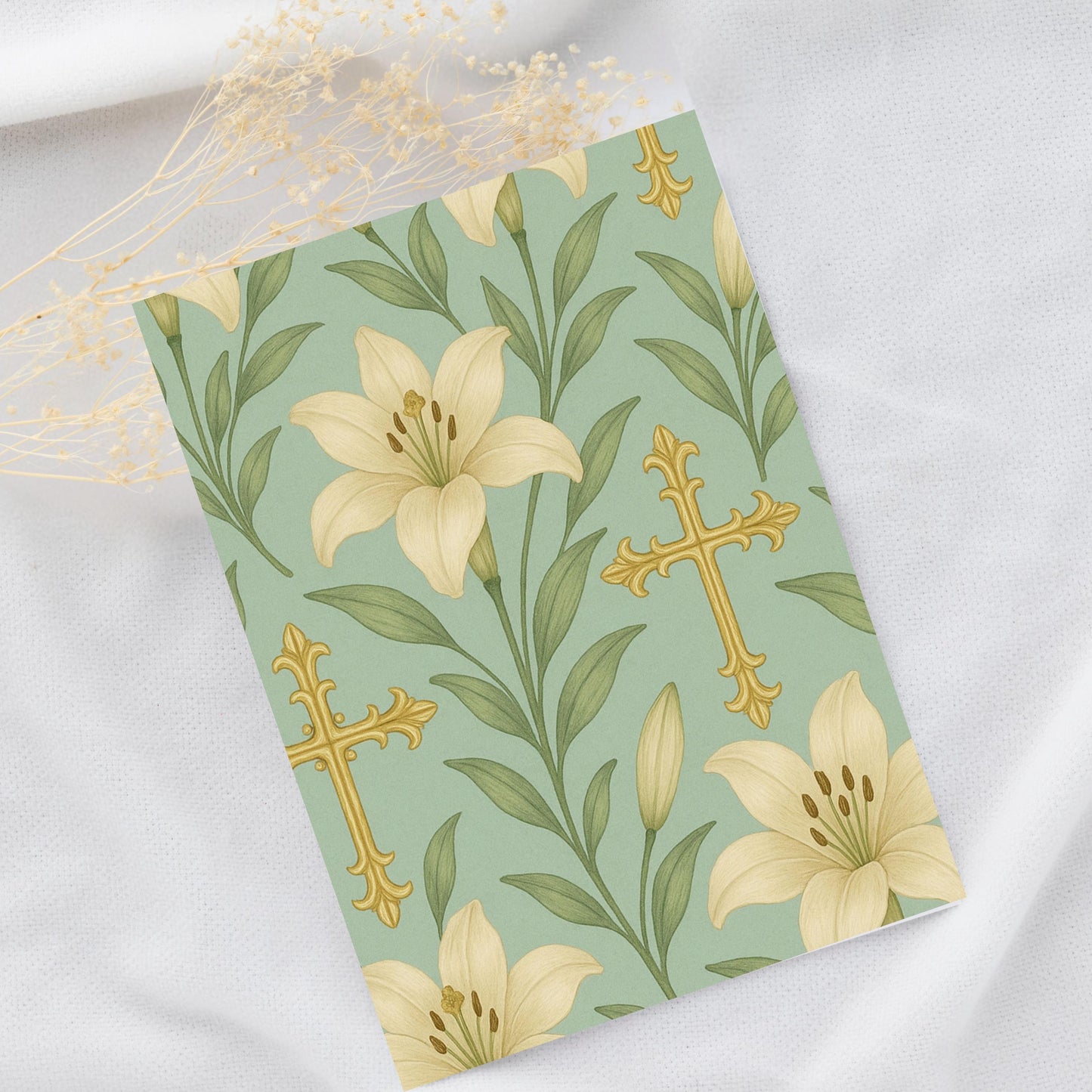 Christian vintage paper with lilies and ornate gold crosses • Papel cristiano vintage con lirios y cruces doradas ornamentadas