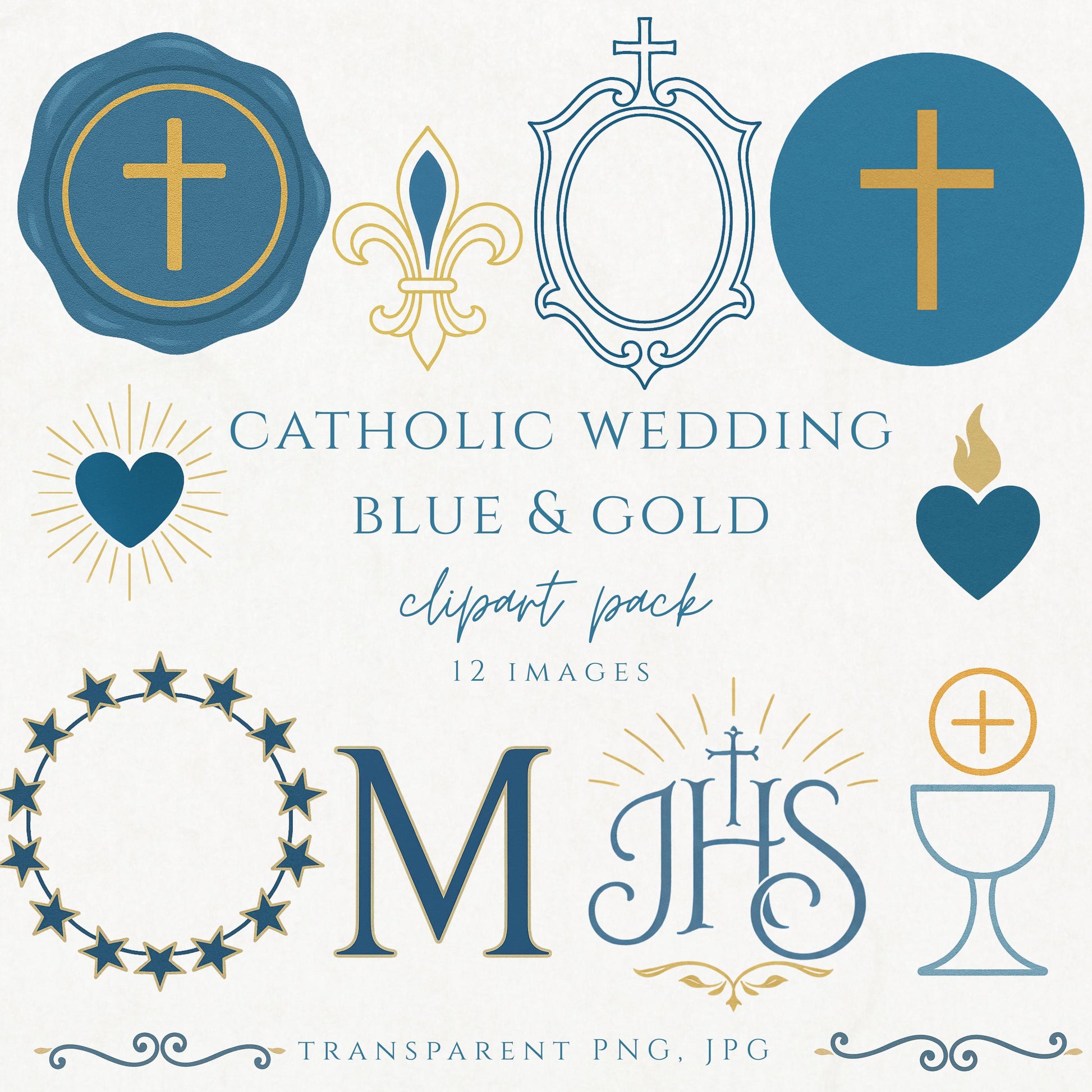 Catholic wedding clipart set in blue and gold with crosses and Marian symbols – Clipart de boda católica en azul y dorado con cruces y símbolos marianos