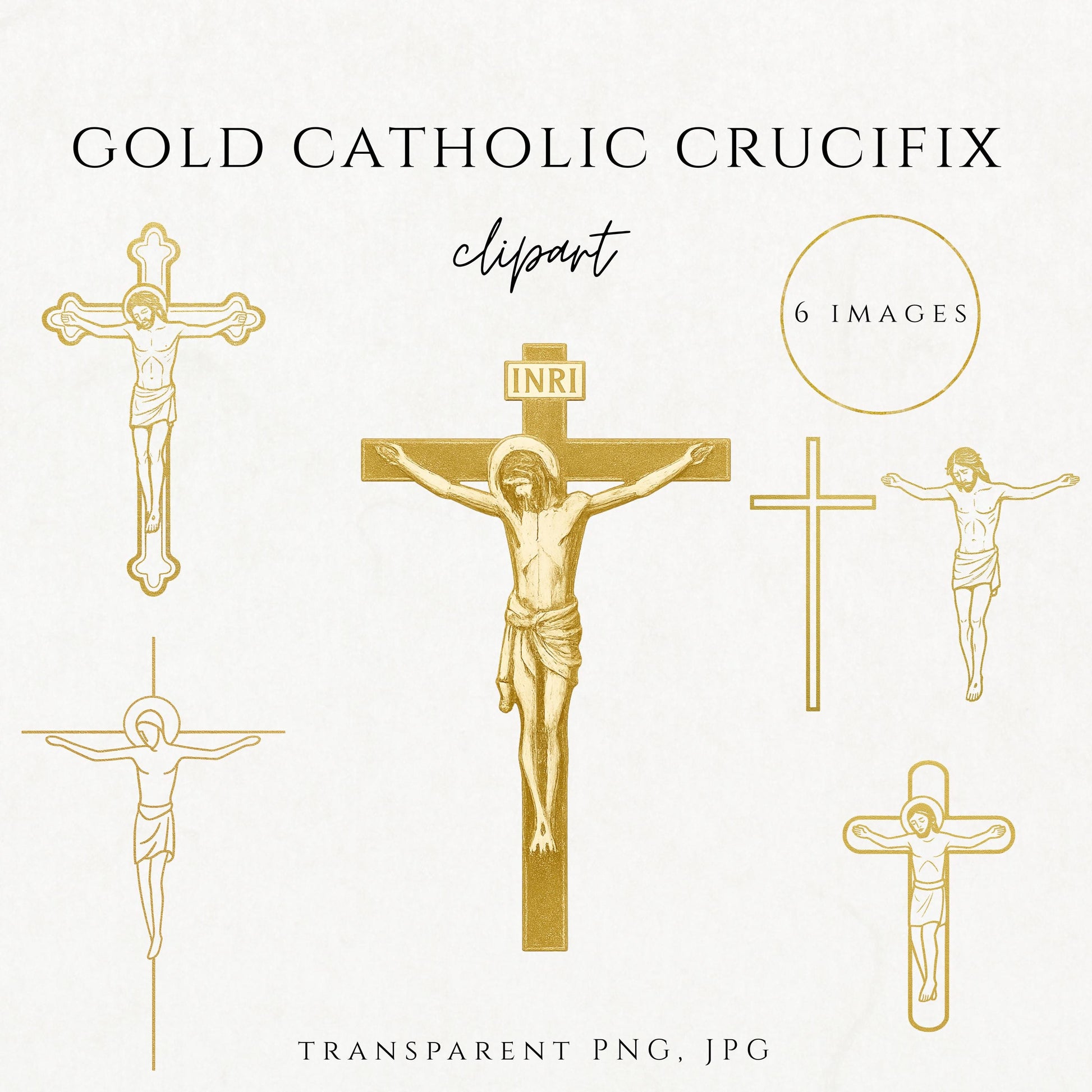 Gold Catholic crucifix clipart showing Jesus on the Cross with INRI sign / Clipart de crucifijo católico dorado con Jesús en la Cruz y letrero INRI